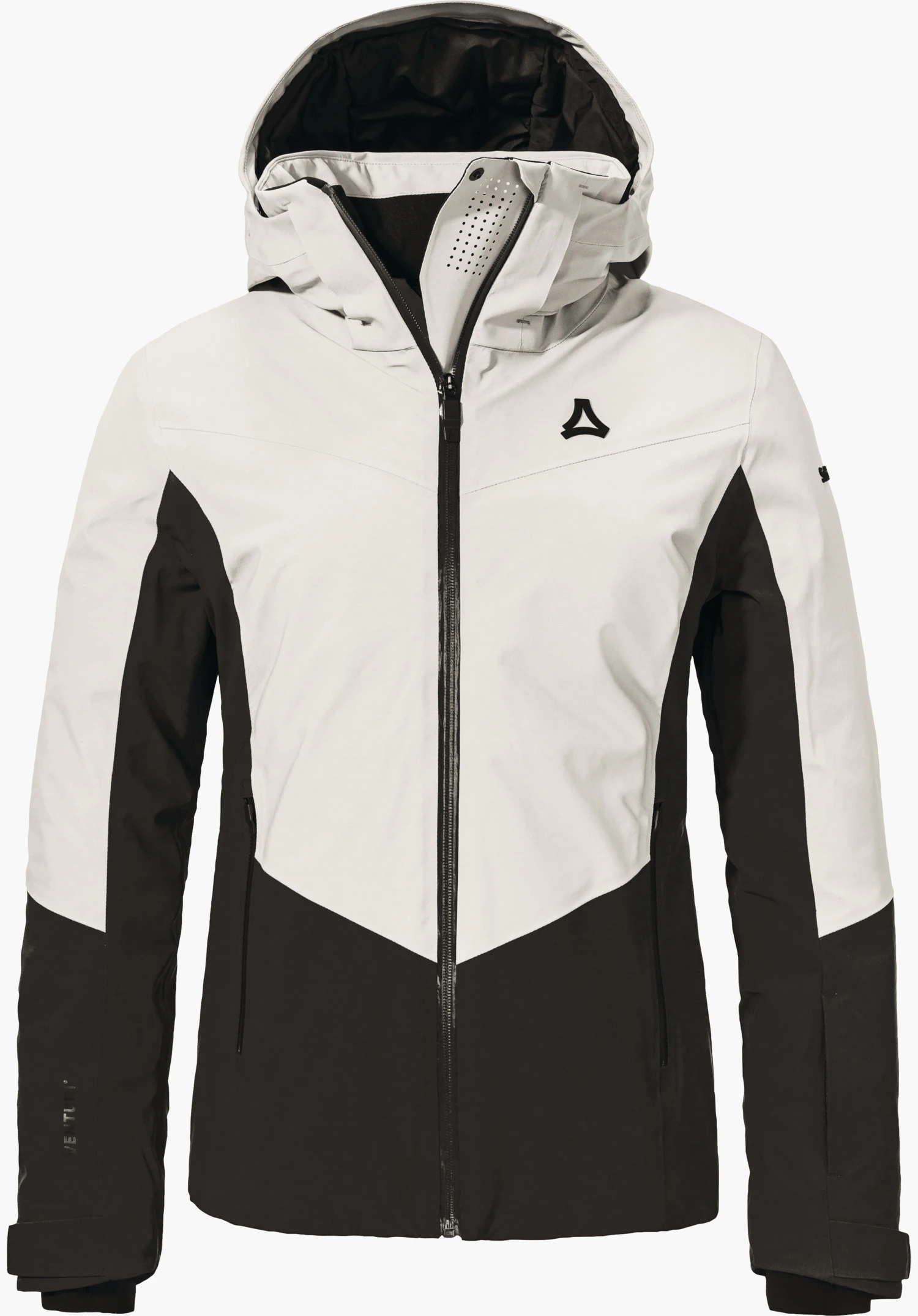 Jacket Style Safuna WMS Tweekleurige skijas, getailleerd, wit en zwart, rits gesloten, capuchon omhoog, Schöffel-logo op de borst, frontaal tegen witte achtergrond.