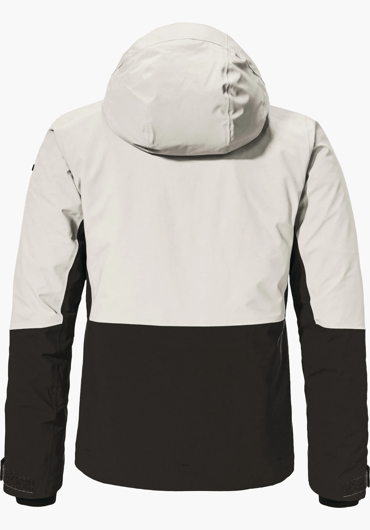 Jacket Style Safuna WMS Tweekleurige jas; bovenstuk lichtwit, onderstuk zwart; capuchon ligt plat, achteraanzicht; mouwen met klittenbandsluitingen; neutrale witte achtergrond.