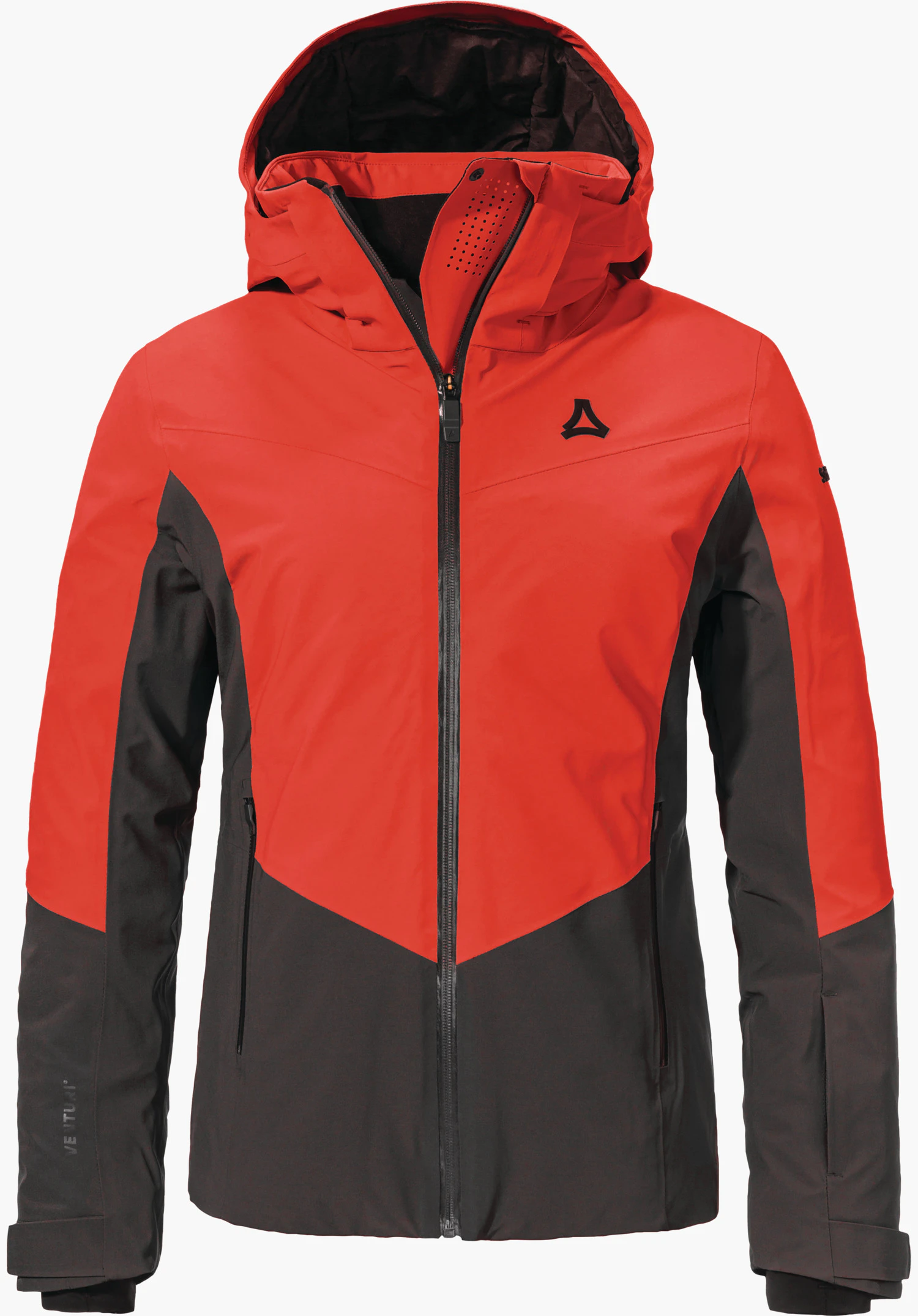Jacket Style Safuna WMS Rood-grijze skijas, getailleerd, voor gesloten, capuchon omhoog, met Schöffel-logo op de borst, vrijstaand tegen witte achtergrond.
