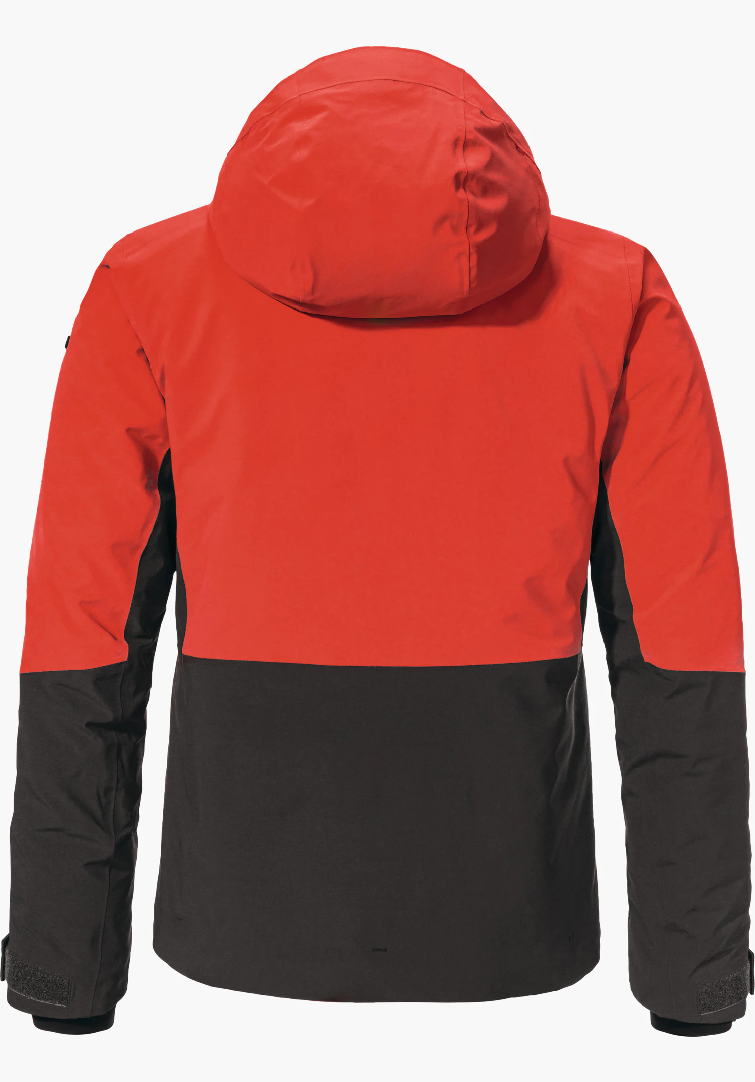 Jacket Style Safuna WMS Rode colour-block outdoorjas met capuchon, donkergrijze onderzijde en mouwuiteinden; achteraanzicht, plat gepresenteerd op lichte achtergrond.