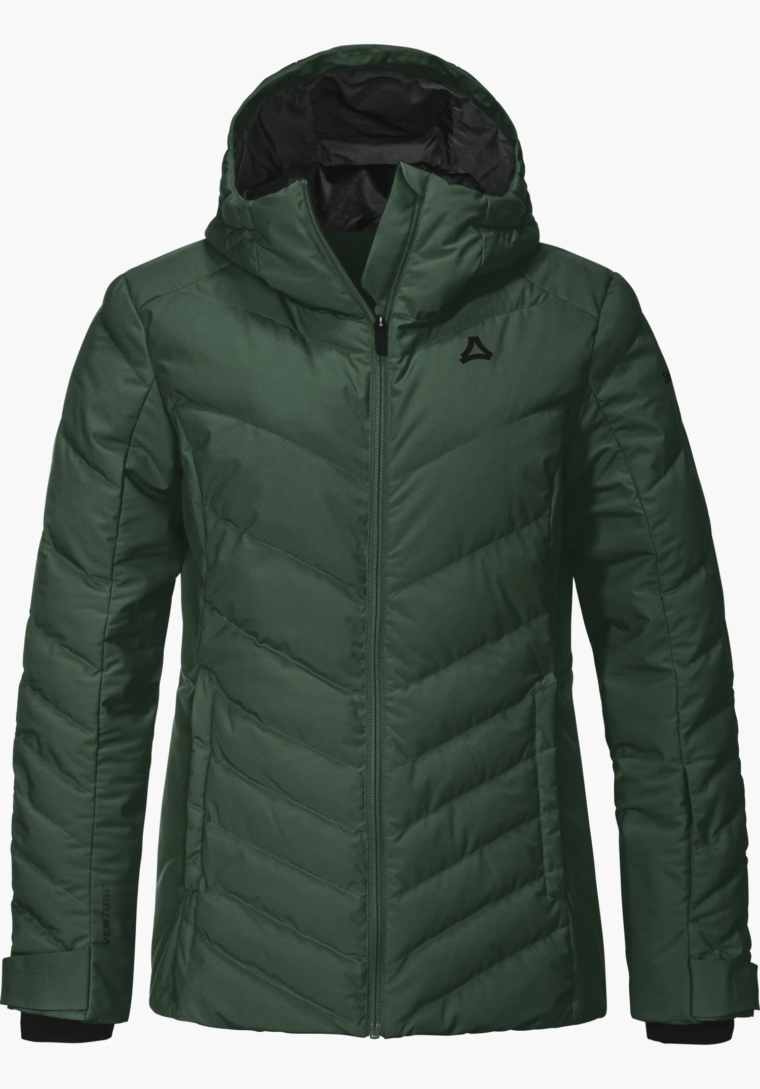 Jacket Style Alerce WMS Donkergroene doorgestikte jas met capuchon, frontaal gepresenteerd, rits gesloten, zijzakken zichtbaar; Schöffel-logo op de borst. Vrijstaand tegen witte achtergrond. Opschrift op mouw: “VENTURI”.