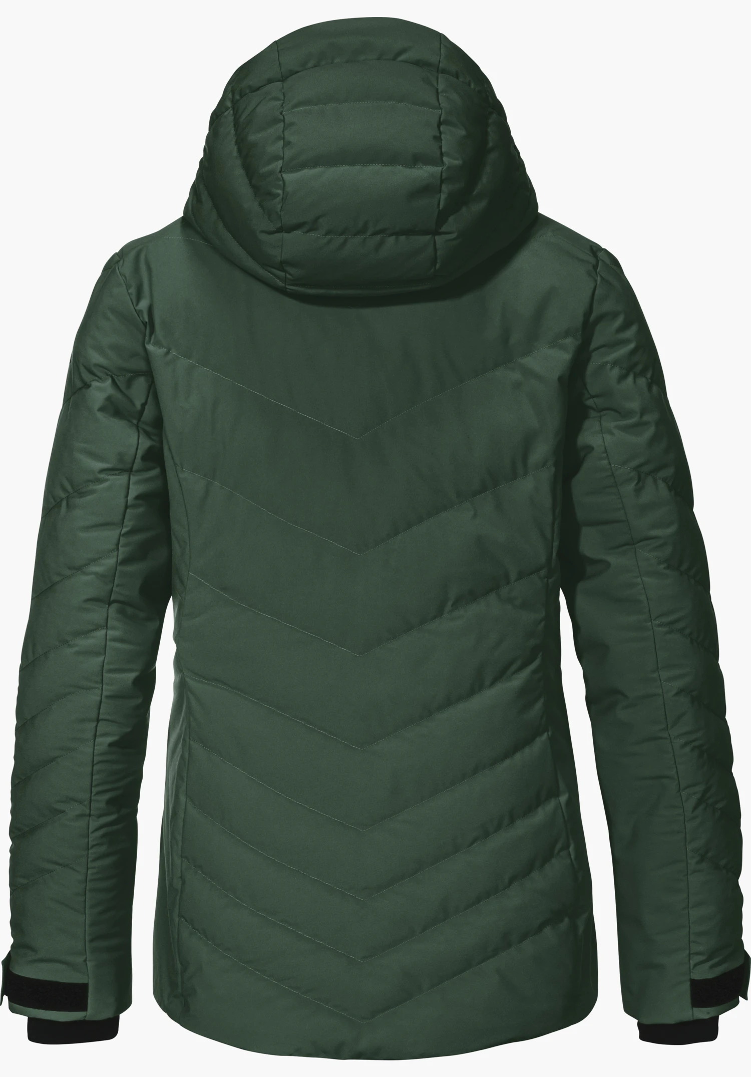 Jacket Style Alerce WMS Donkergroene gewatteerde winterjas met capuchon, achteraanzicht; mouwen los opzij, V-quiltpatroon; zwarte binnenboorden aan de mouwen; witte achtergrond.
