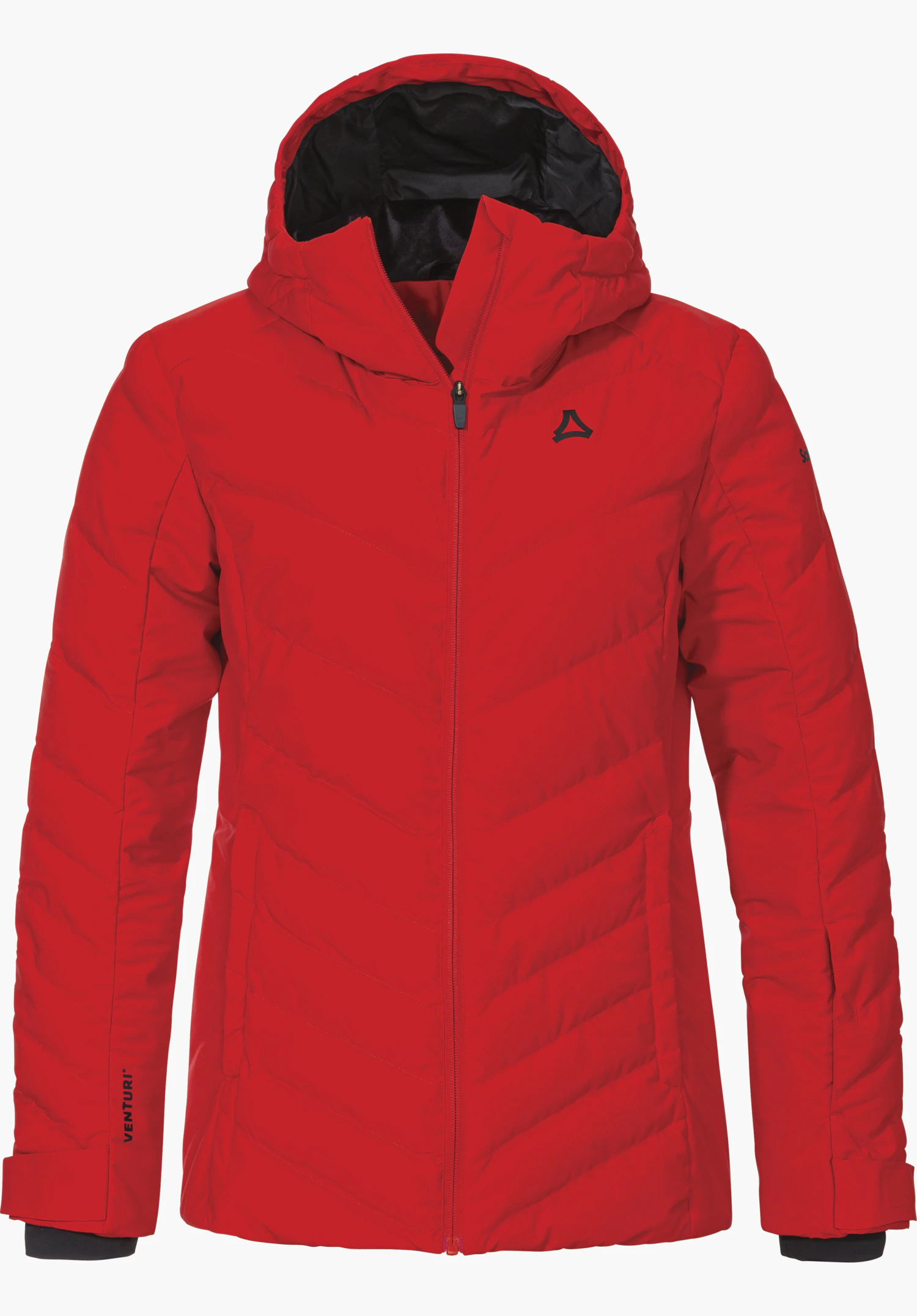 Jacket Style Alerce WMS Rode doorgestikte skijas met capuchon, frontaal gepresenteerd; Schöffel-logo op de borst, vrijstaand tegen witte achtergrond. Opschrift op mouw: VENTURI