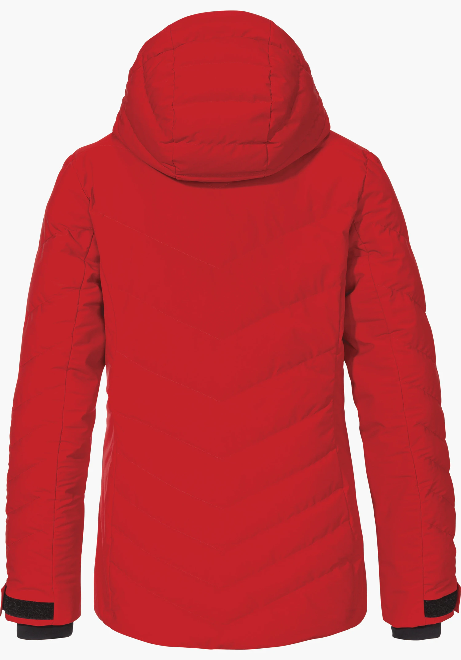 Jacket Style Alerce WMS Rode gewatteerde jas met capuchon, van achteren; mouwen ontspannen omlaag; gewatteerde stiknaden zichtbaar; neutrale witte achtergrond.