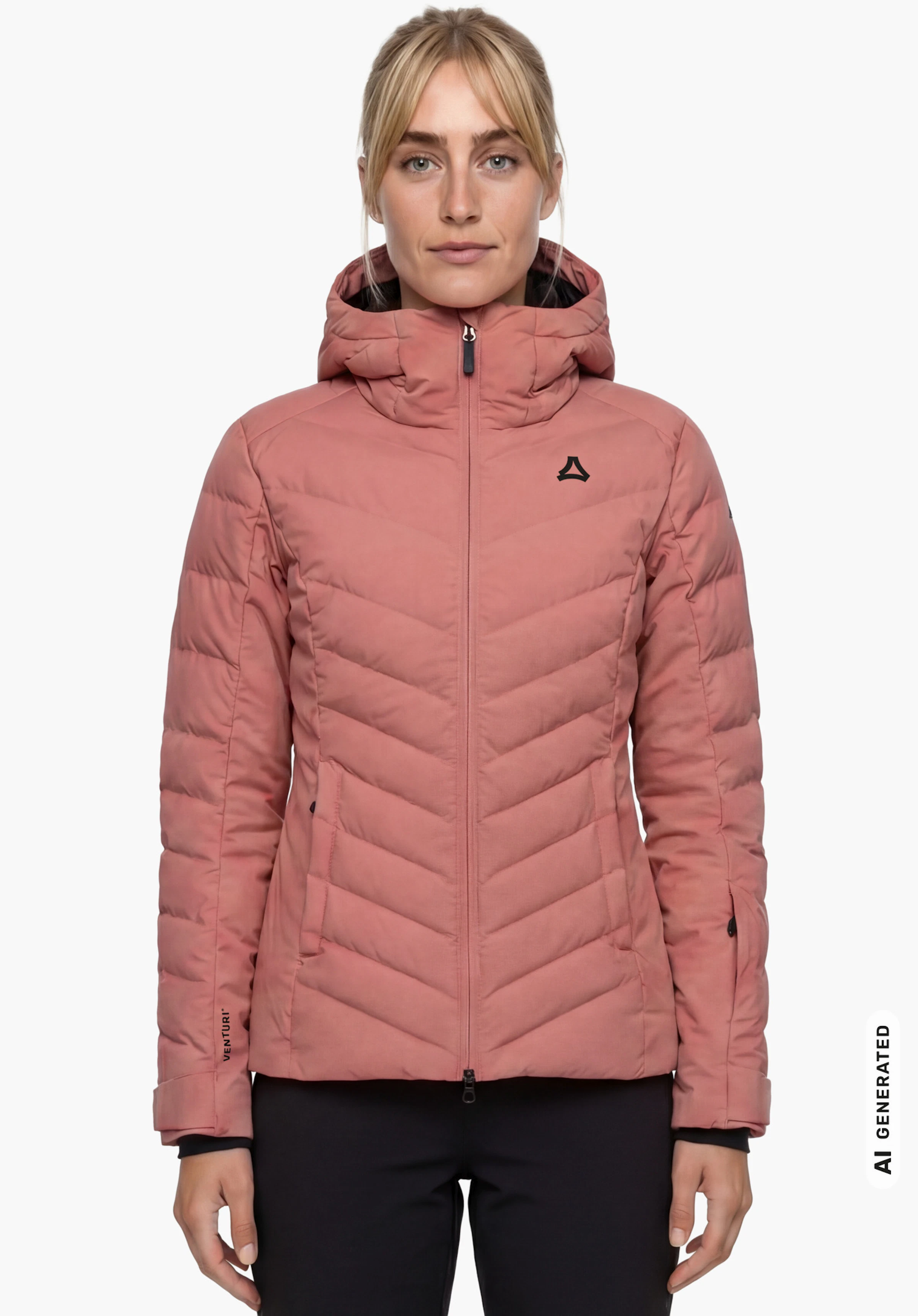 Jacket Style Alerce WMS en rose avec logo Schöffel, porté par un modèle féminin debout avec les bras le long du corps et vu de face sur fond blanc. (Généré par IA)