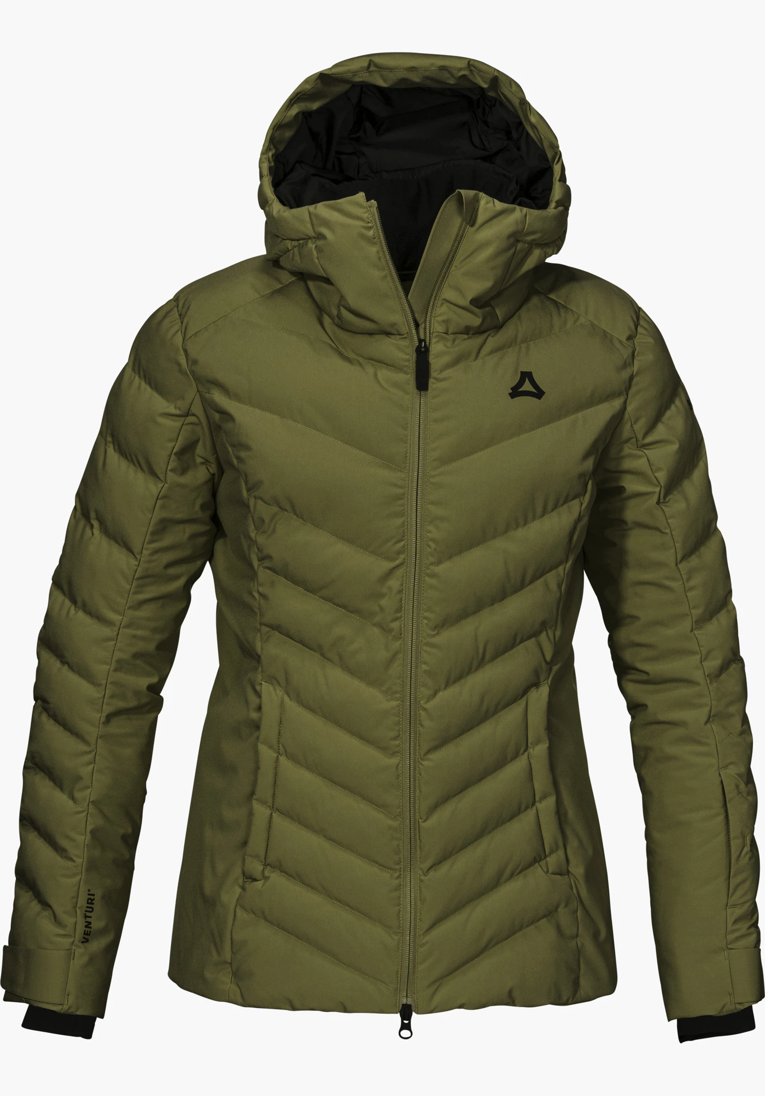Jacket Style Alerce WMS ski-jas in groen met capuchon, ritssluiting aan de voorkant en zichtbaar Schöffel-logo, vrijstaand op een witte achtergrond.