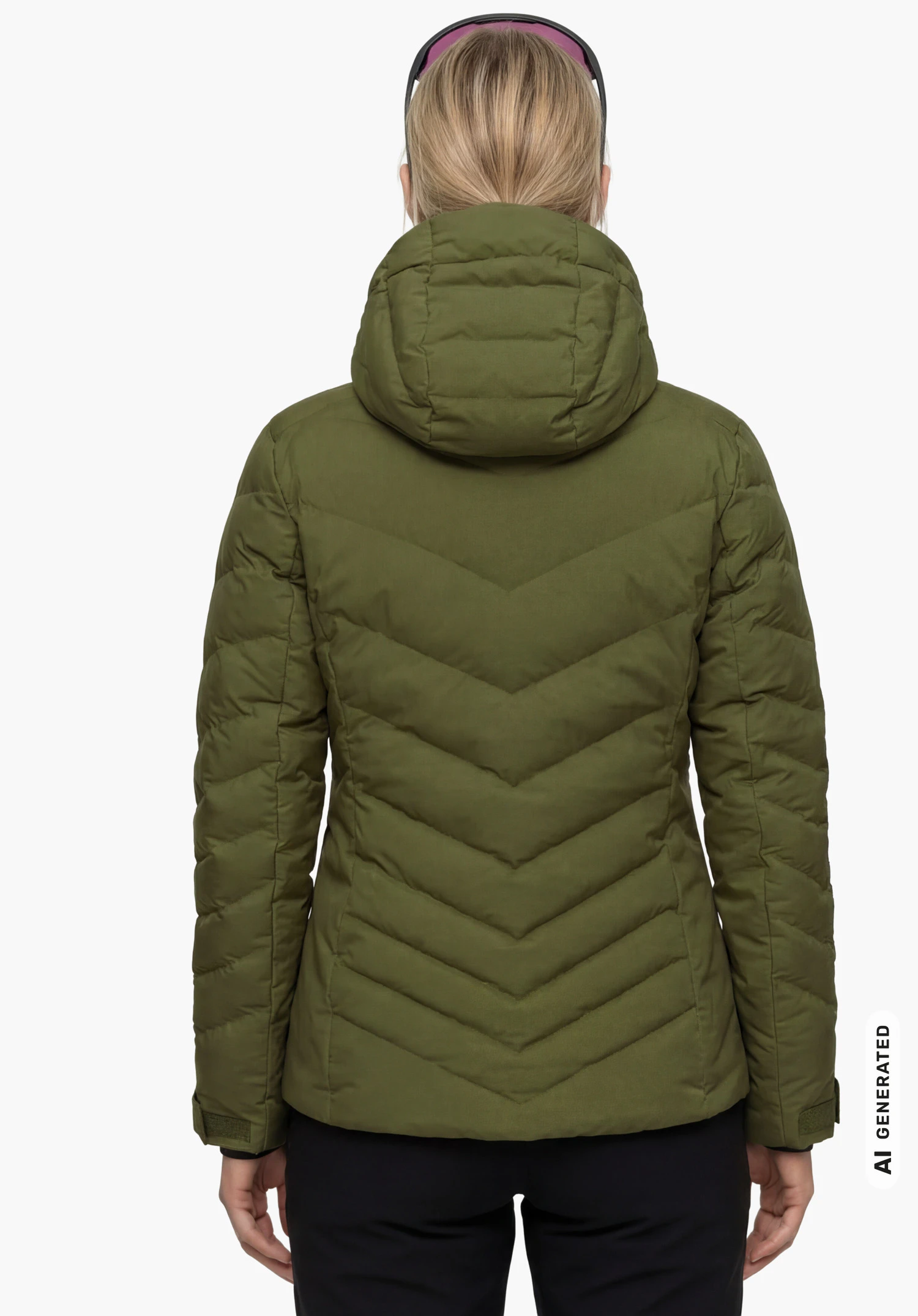 Jacket Style Alerce WMS en vert, porté par un modèle féminin debout et vu de dos avec les bras le long du corps et la capuche relevée sur fond blanc. (Généré par IA)
