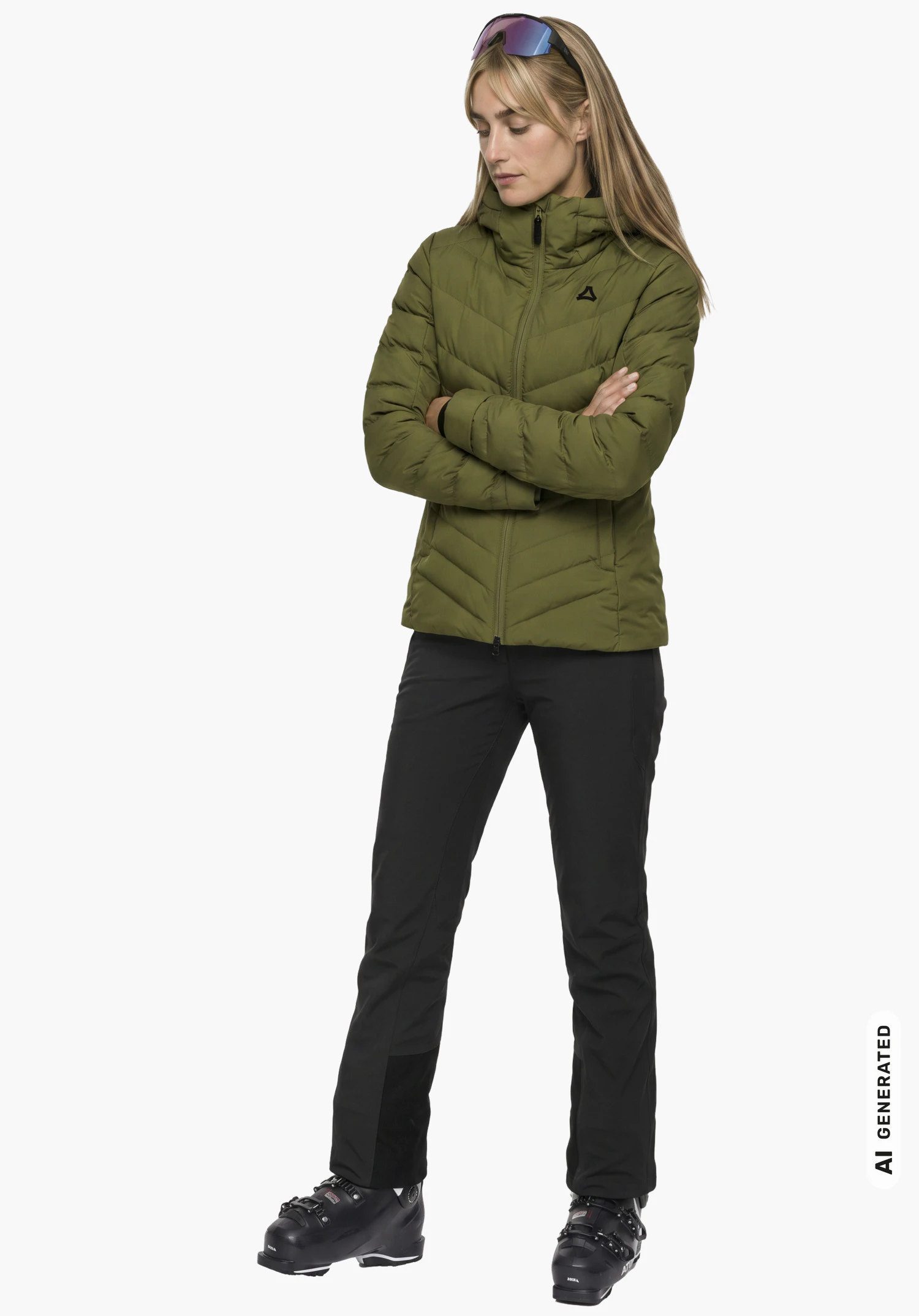 Jacket Style Alerce WMS en vert avec logo Schöffel visible, porté par un mannequin femme en vue de profil aux trois quarts avec les bras croisés et capuche fermée sur fond blanc. (Généré par IA)