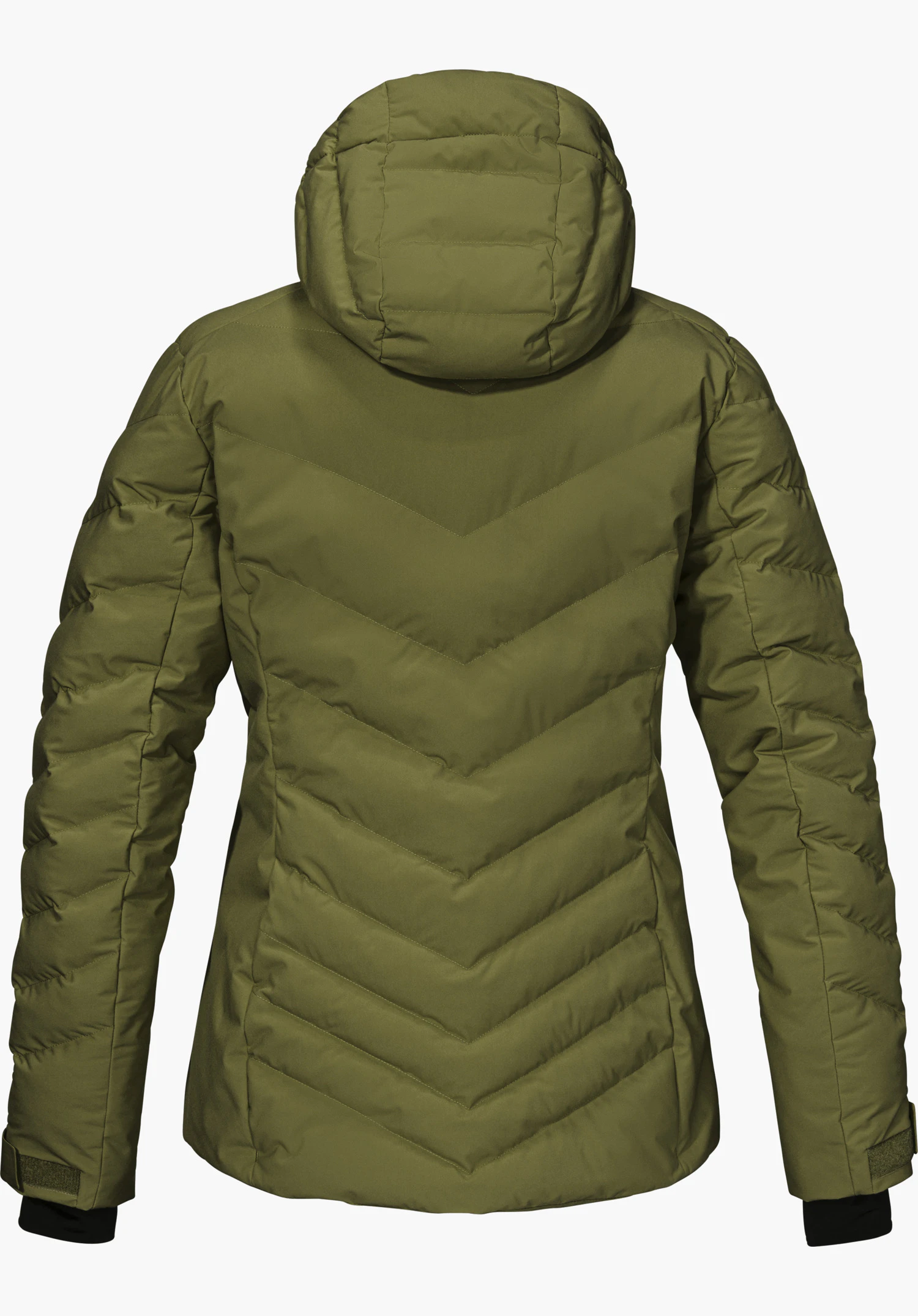 Jacket Style Alerce WMS, veste de ski verte, vue de dos avec capuche et design matelassé, détourée sur fond blanc.