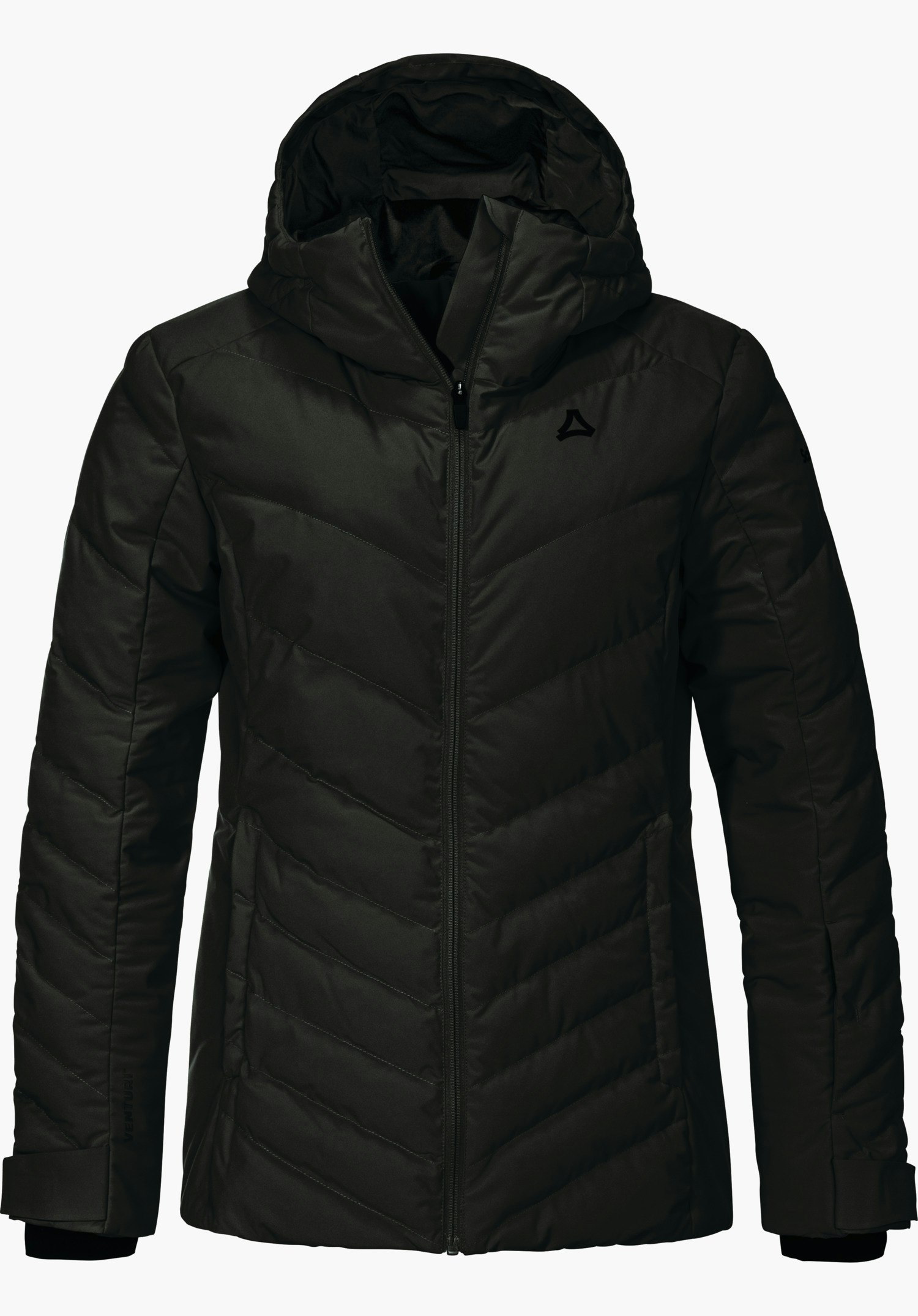 Jacket Style Alerce WMS black quilted ski jacket with hood, zip closed and slight shaping at waist; Schöffel logo on chest; white background.