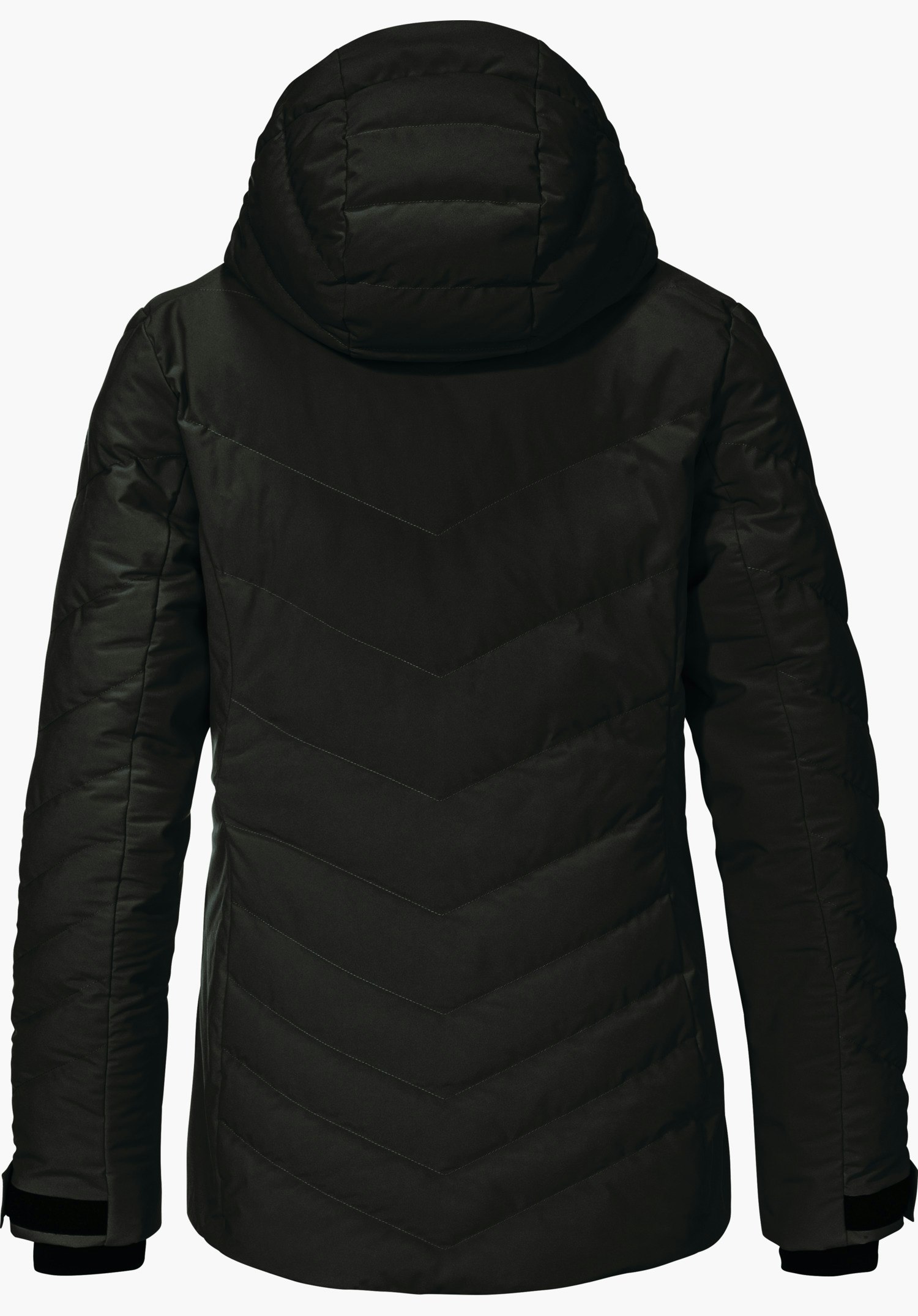 Jacket Style Alerce WMS dark green quilted jacket, rear view, with hood and V-shaped quilting, sleeves with Velcro cuffs, against a white background.