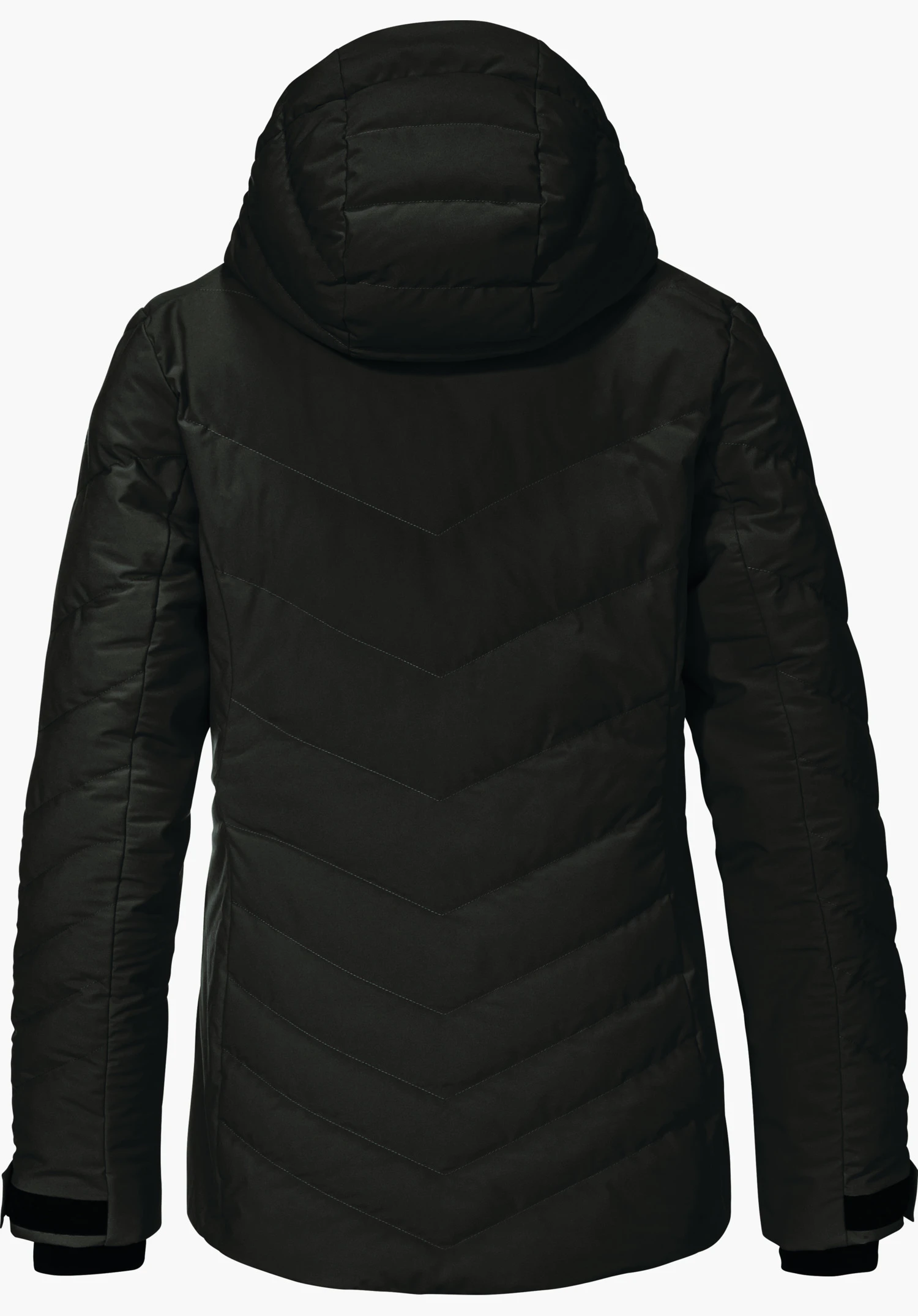Jacket Style Alerce WMS Donkergroene gewatteerde jas, achteraanzicht; met capuchon en V-vormige stiknaden, mouwen met klittenbandmanchetten; witte achtergrond.