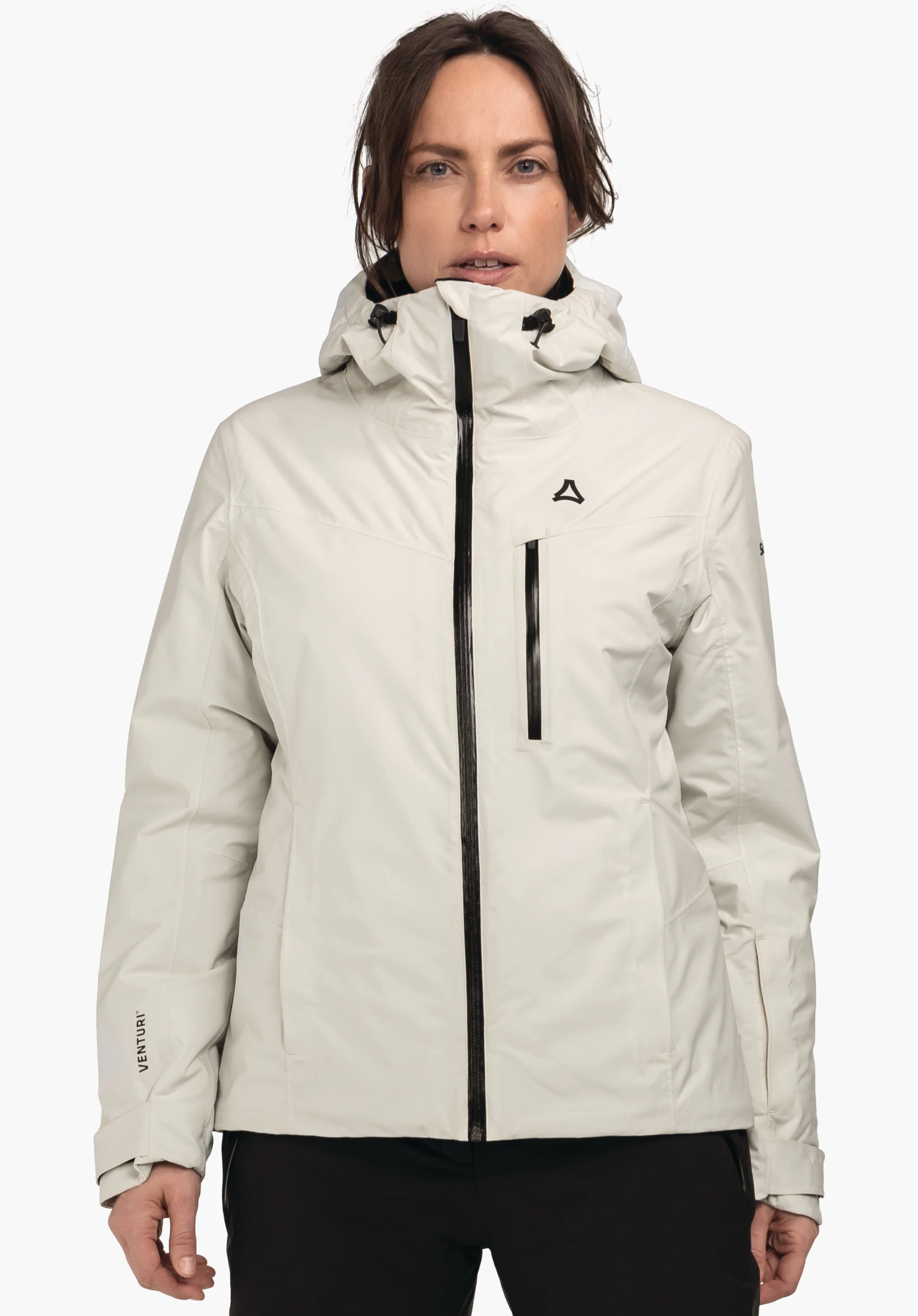 Jacket Style Nollen WMS off-white jacket with Schöffel logo and black zips, worn front-facing by a woman with hood up; light grey neutral background. Text: VENTURI.