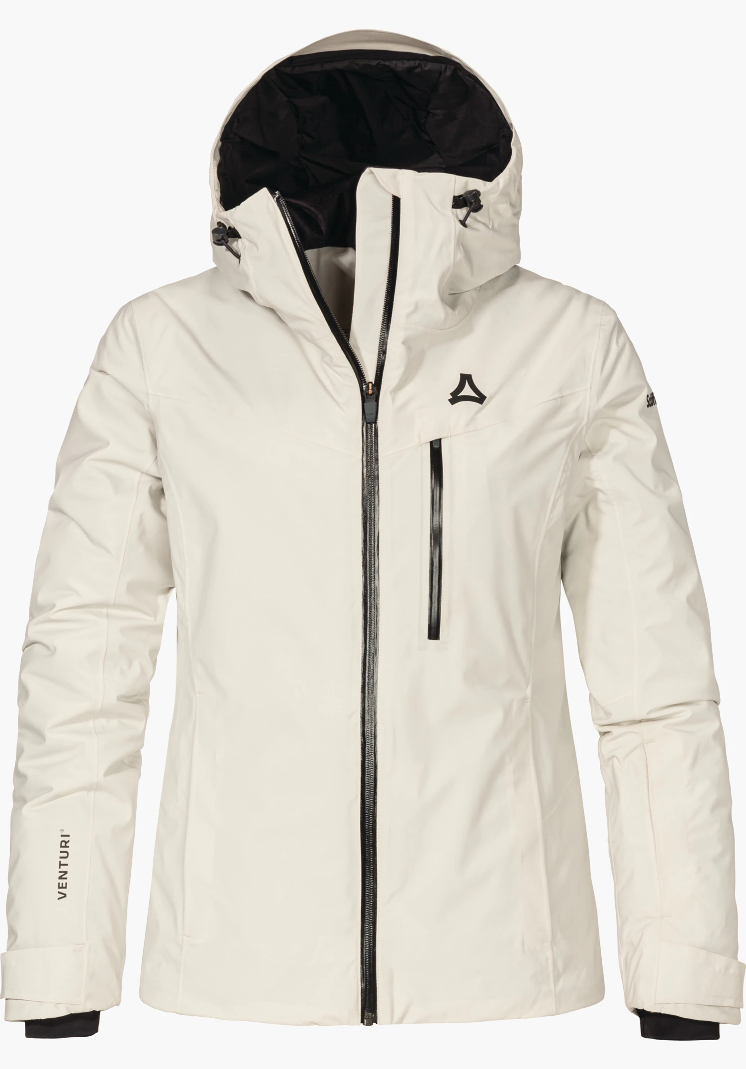 Jacket Style Nollen WMS Witte skijas met capuchon, zwarte binnenvoering, centrale zwarte rits en borstzak; frontaal gepresenteerd tegen lichte achtergrond. Schöffel-logo op de borst. Opschrift: “VENTURI” (mouw), “Schöffel” (schouder).