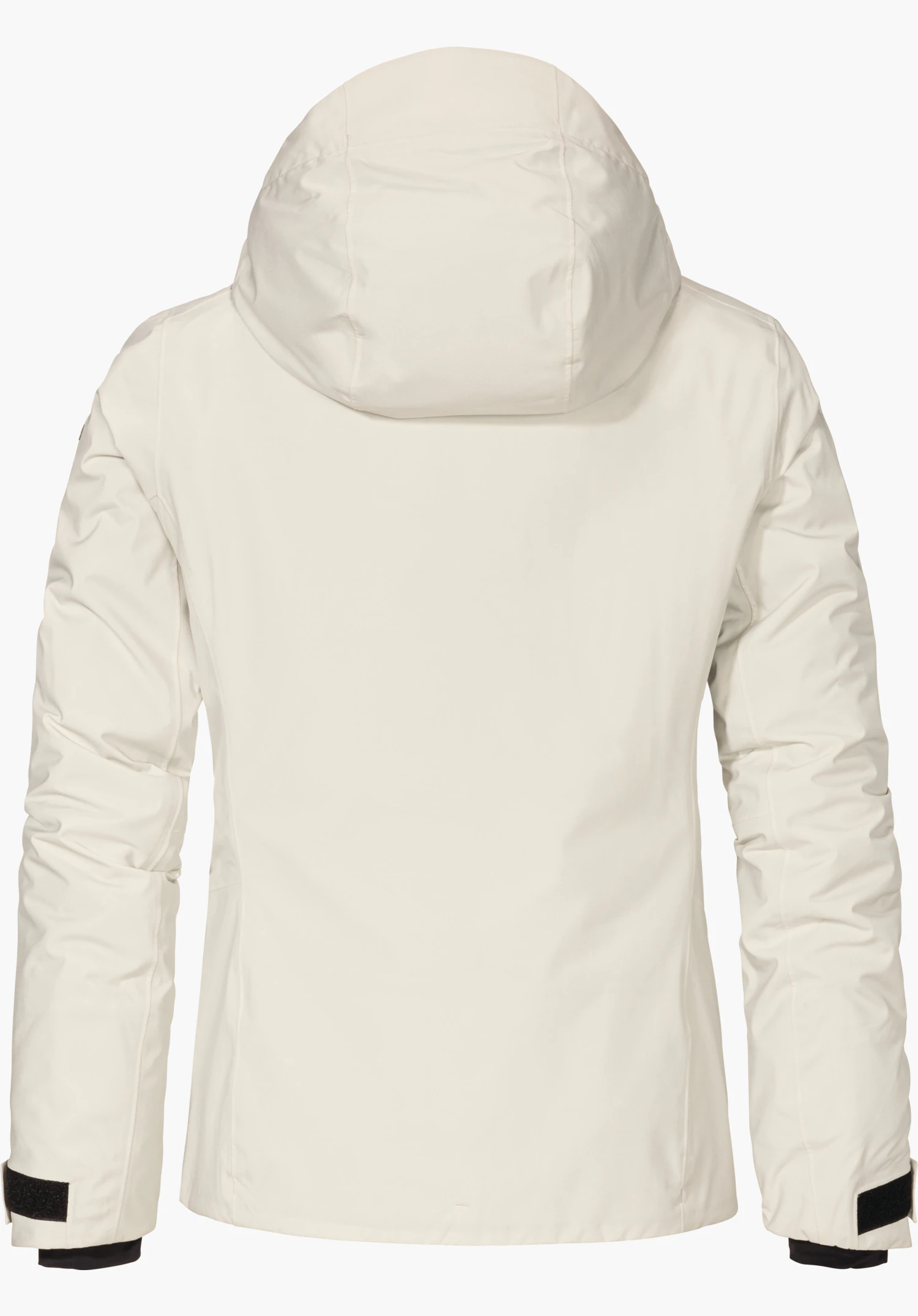 Jacket Style Nollen WMS Skijas lichtwit, van achteren; capuchon aangelegd, lange mouwen met zwarte klittenbandsluiting aan de manchetten; glad oppervlak; neutrale lichte achtergrond.