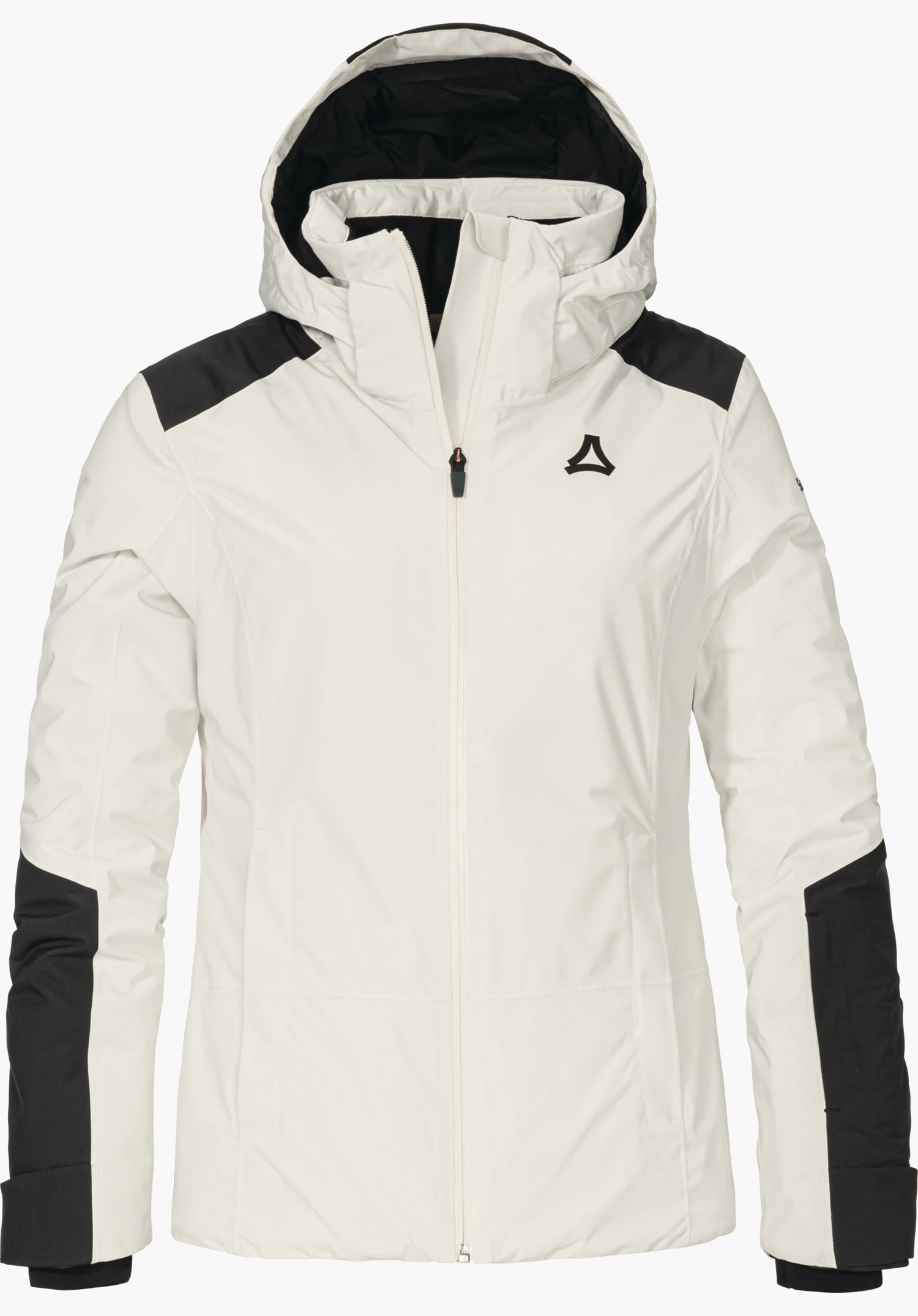 Jacket Style Zandwel WMS white ski jacket with black shoulder and sleeve panels, front view, zip closed; black lining; Schöffel logo on chest; white background.