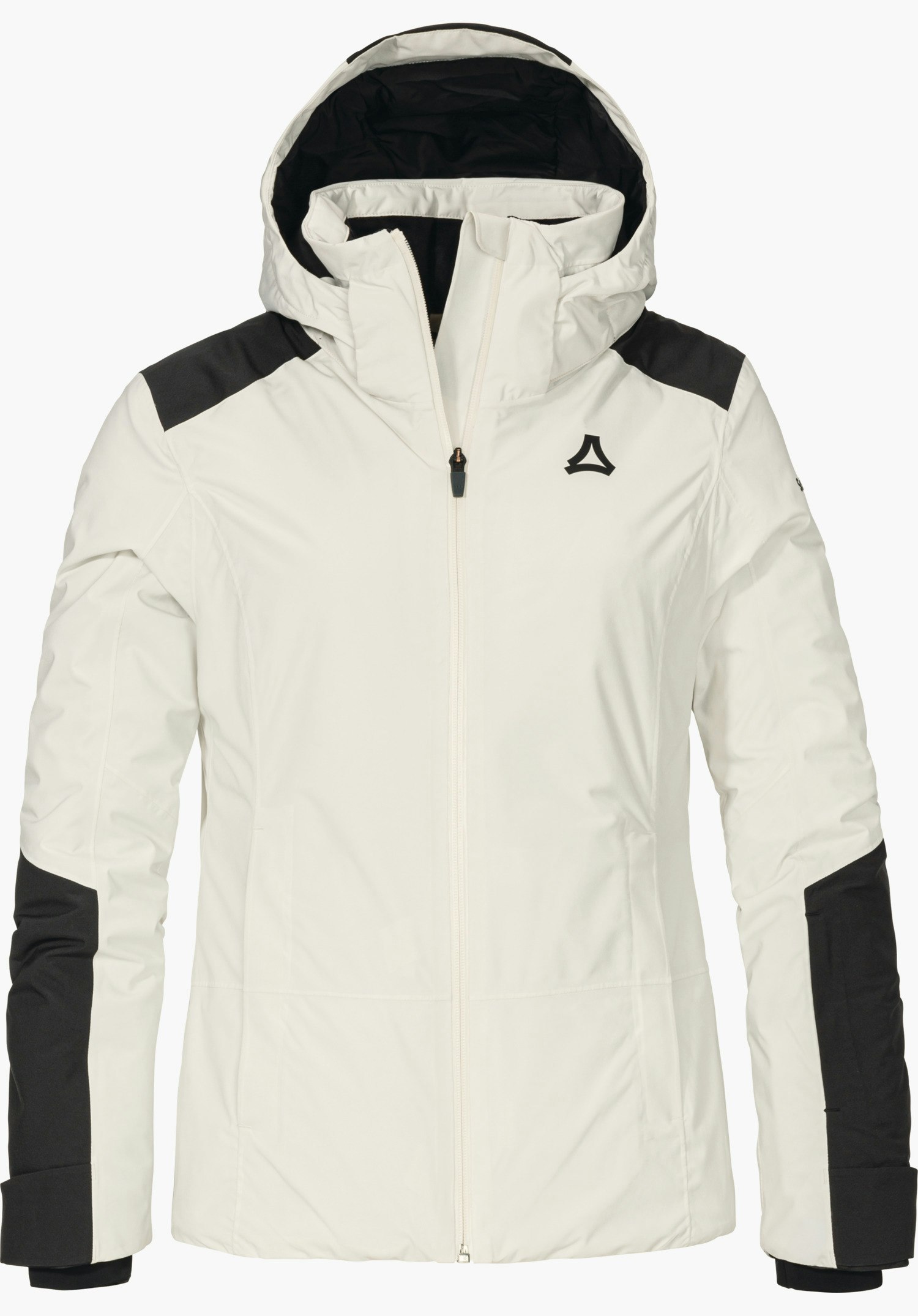 Jacket Style Zandwel WMS veste de ski blanche avec empiècements noirs aux épaules et manches, présentée de face, fermeture éclair fermée; doublure intérieure noire; logo Schöffel sur la poitrine; fond blanc.