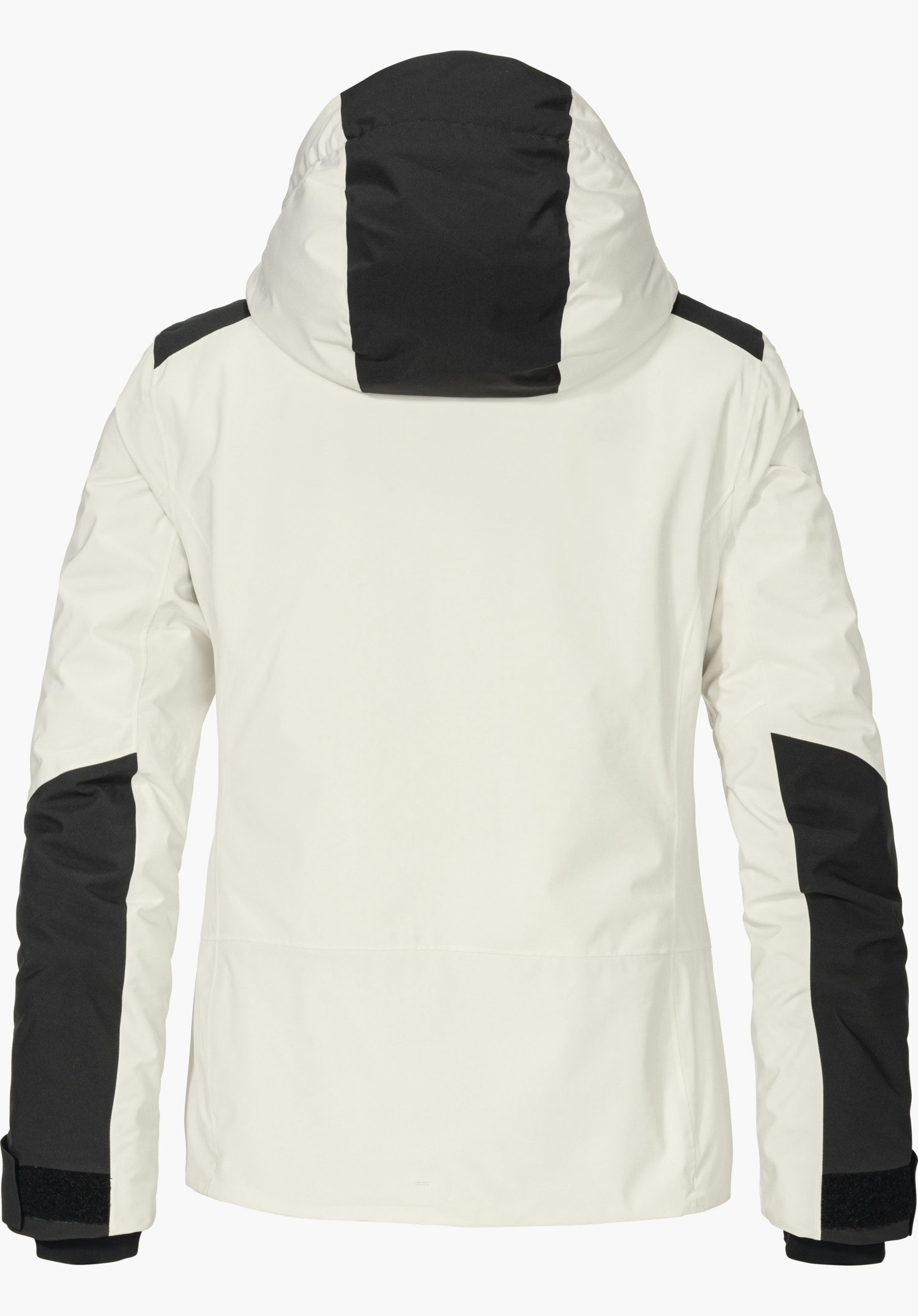 Jacket Style Zandwel WMS veste de ski color block, vue arrière; matière blanc cassé avec bande de capuche noire et empiècements noirs sur les bras; style outdoor sportif sur fond clair neutre.
