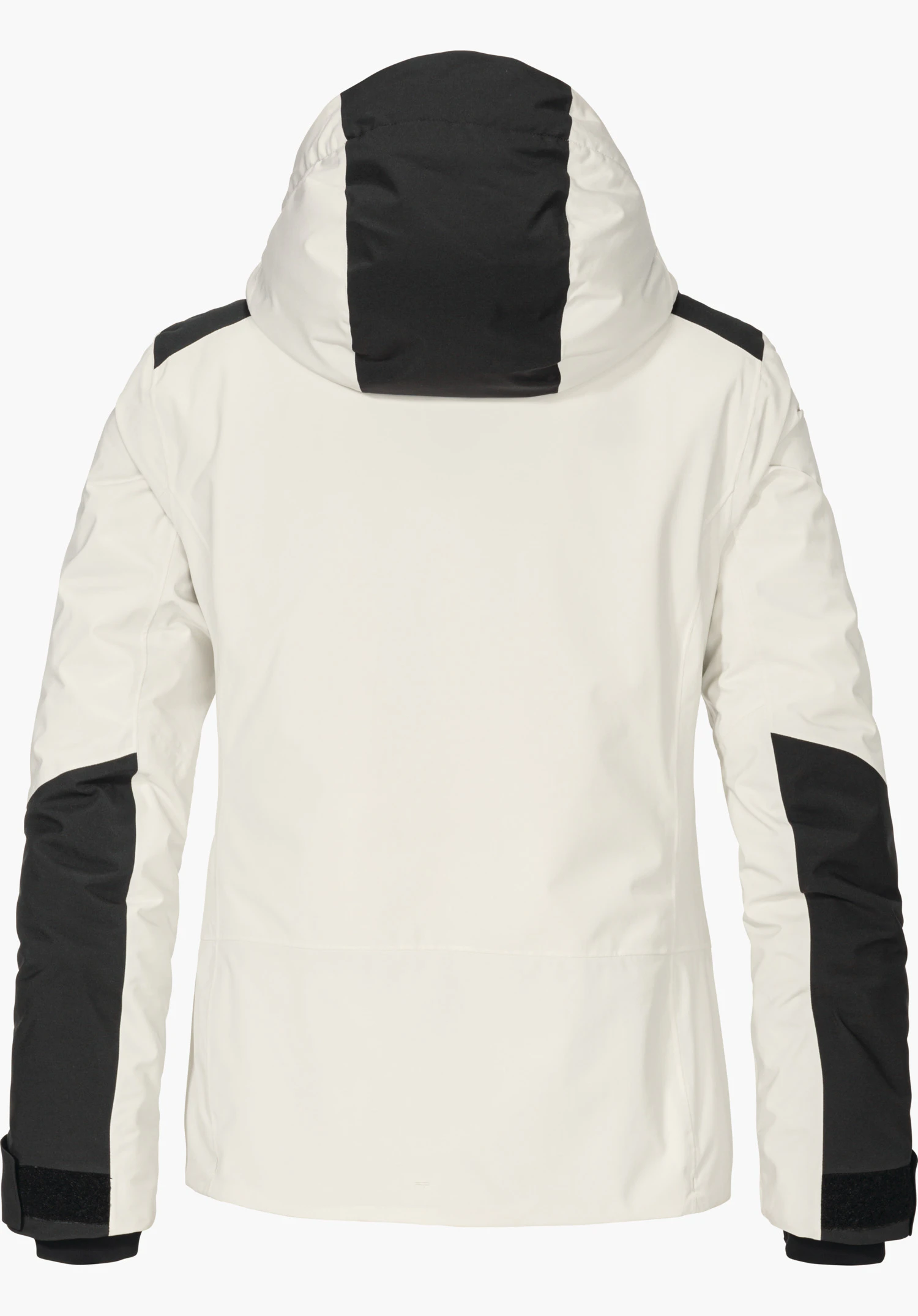 Jacket Style Zandwel WMS veste de ski color block, vue arrière; matière blanc cassé avec bande de capuche noire et empiècements noirs sur les bras; style outdoor sportif sur fond clair neutre.
