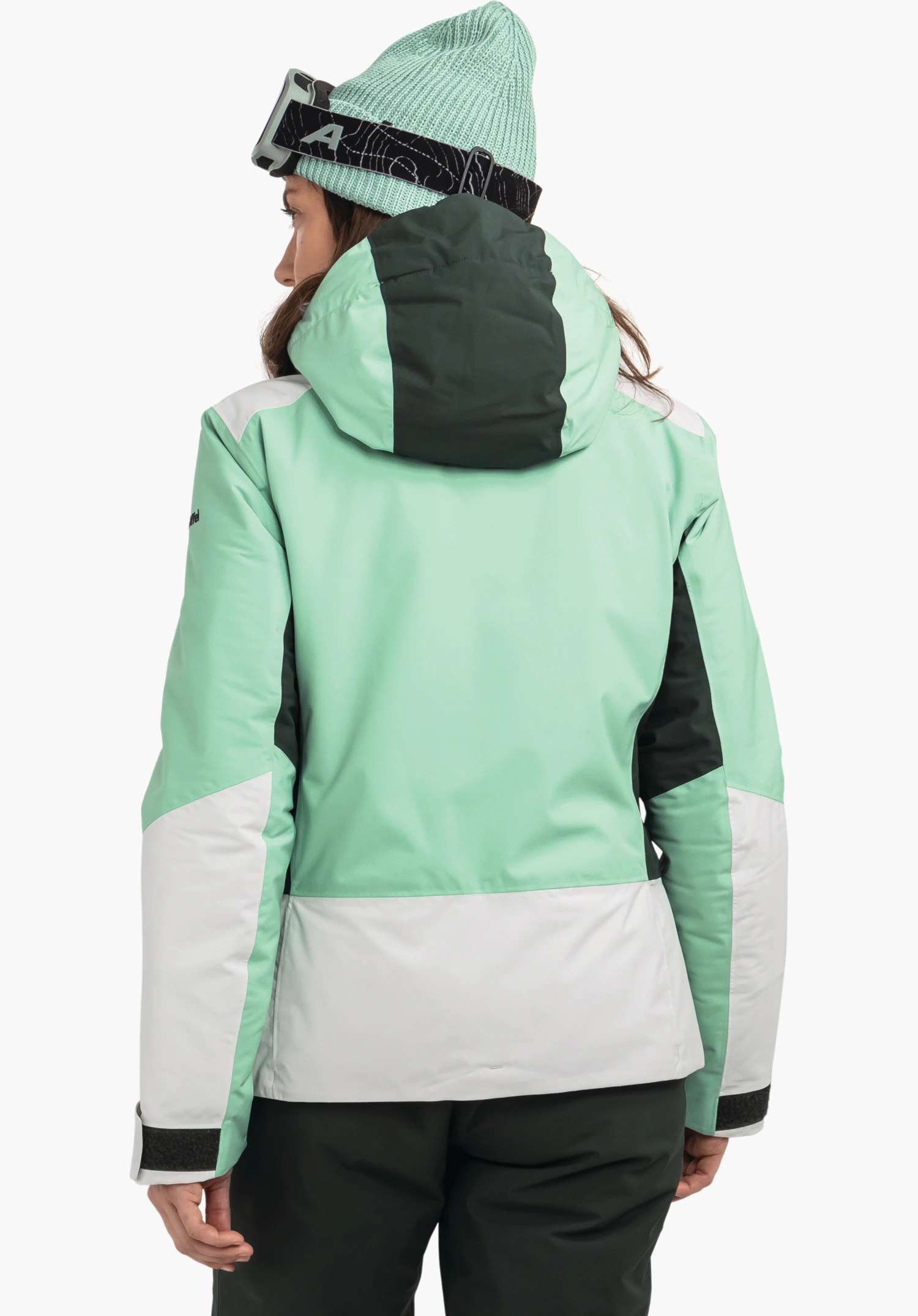 Jacket Style Zandwel WMS light green ski jacket (rear view) with dark green hood and white inserts; person wears a light green beanie and black ski goggles; neutral white background.