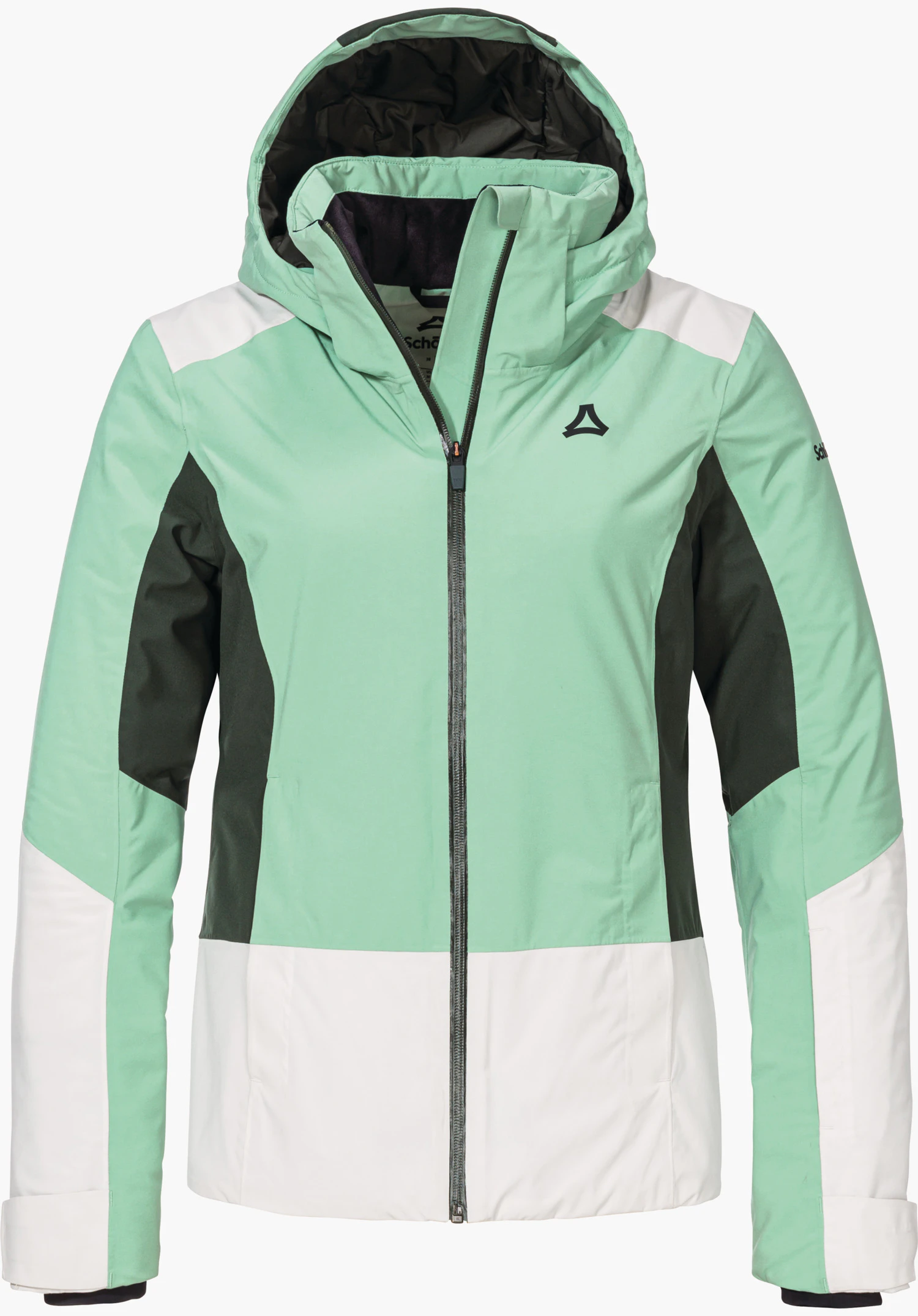 Jacket Style Zandwel WMS light green and white ski jacket with hood, zip closed, dark green side inserts and black inner lining; Schöffel logo on chest. Text: “Schöffel” (sleeve, inner collar).