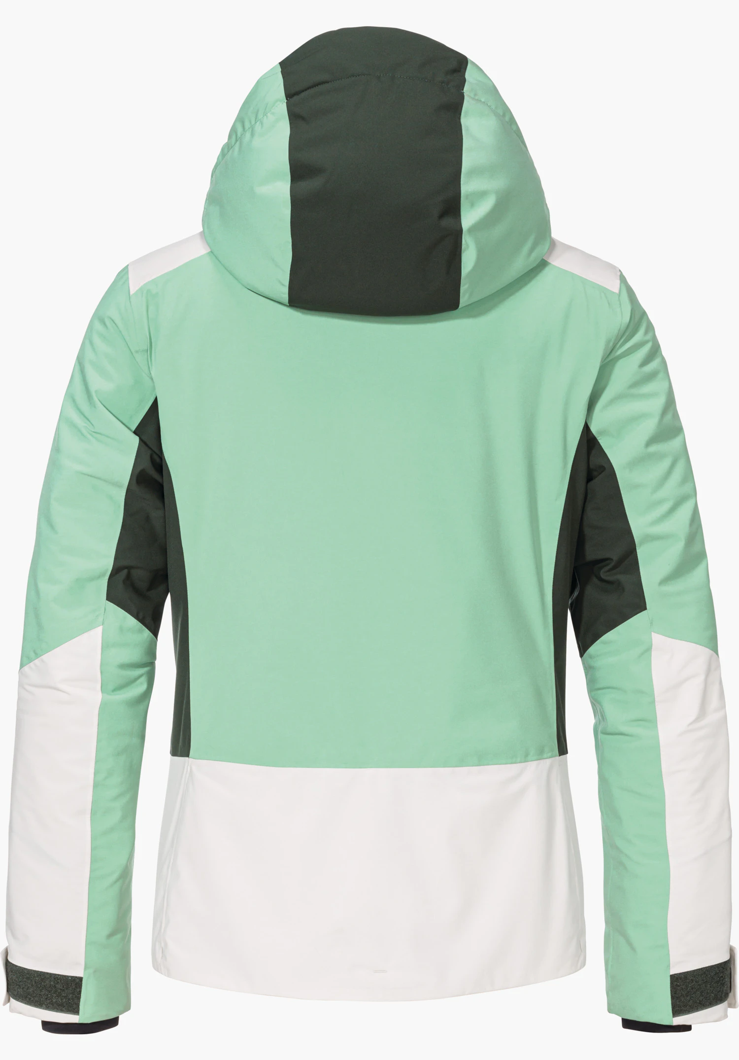Jacket Style Zandwel WMS light green jacket with hood, dark green and white inserts, presented in rear view on a white background.