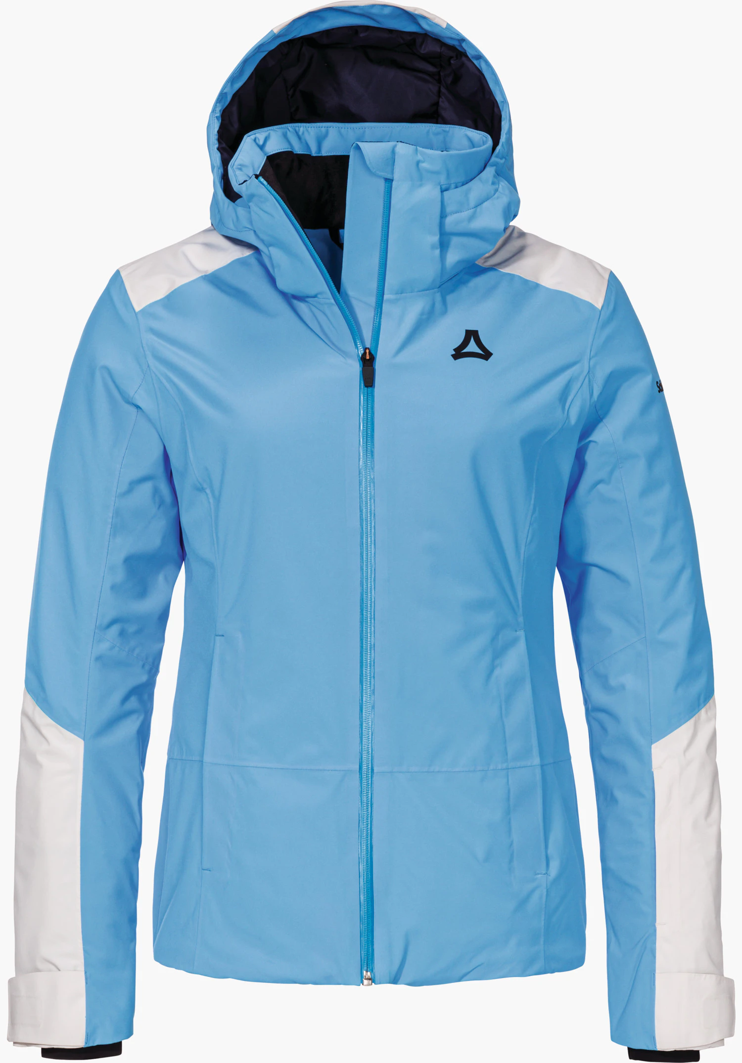 Jacket Style Zandwel WMS veste de ski bleue avec empiècements blancs, fermeture éclair fermée et capuche relevée; logo Schöffel sur la poitrine; fond blanc.