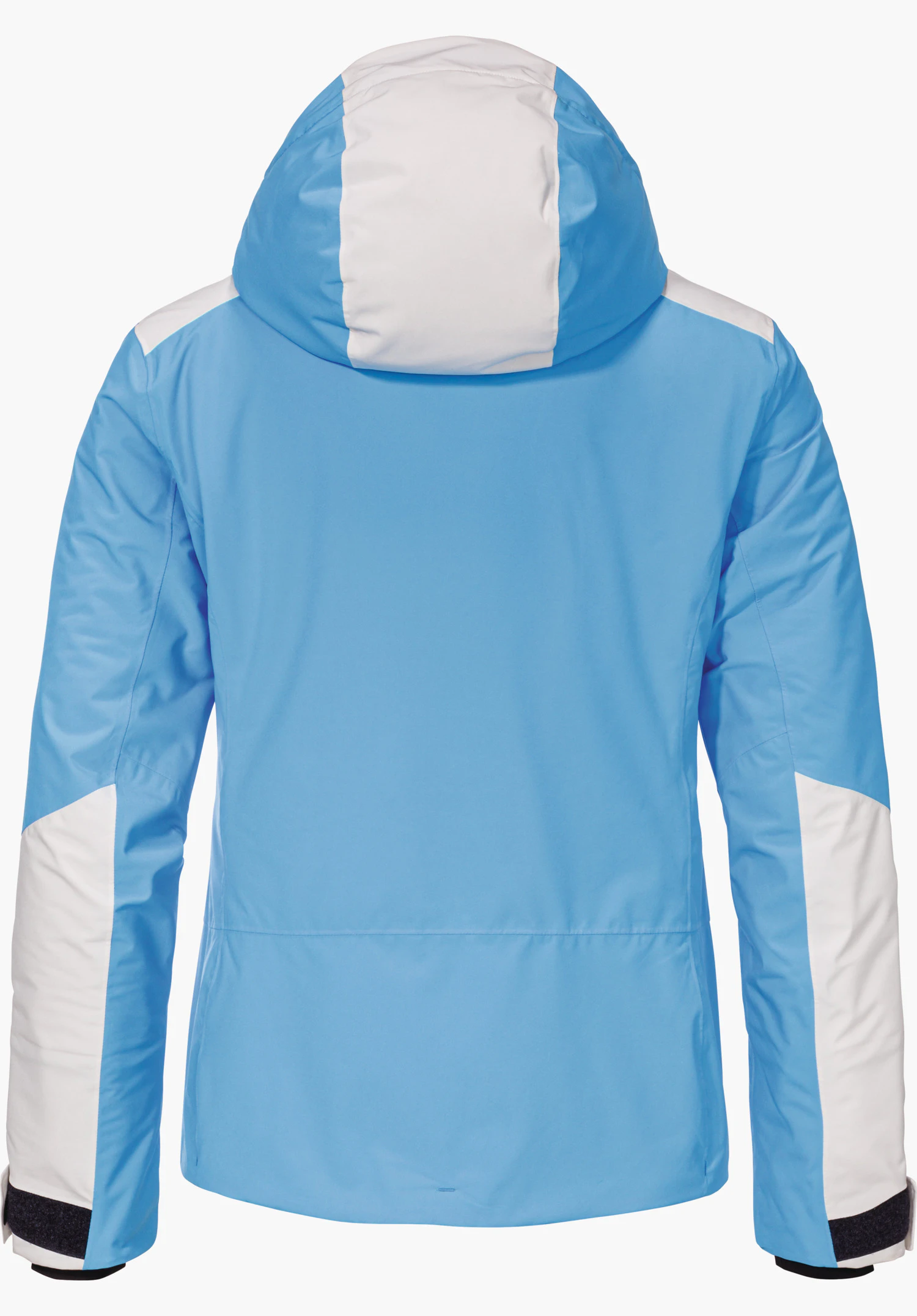 Jacket Style Zandwel WMS veste, vue arrière; bleu clair avec empiècements blancs sur capuche, épaules et manches; capuche fixée, manches longues avec velcro aux poignets; détourée sur fond blanc.