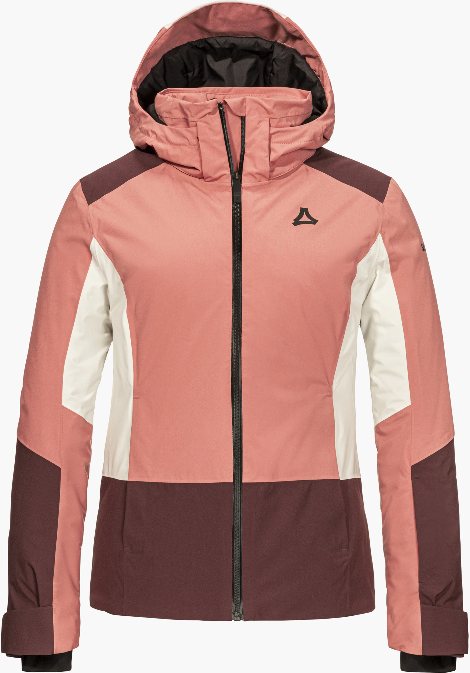 Jacket Style Zandwel WMS ski jacket in pink with hood, contrasting panels, black front zipper and black Schöffel logo on the chest, shown from the front and isolated on a white background.