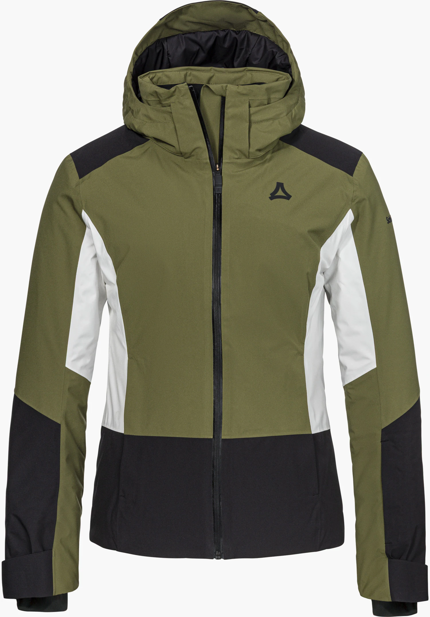 Jacket Style Zandwel WMS ski jacket in green with hood, black zipper and visible Schöffel logo, shown from the front and isolated on a white background.
