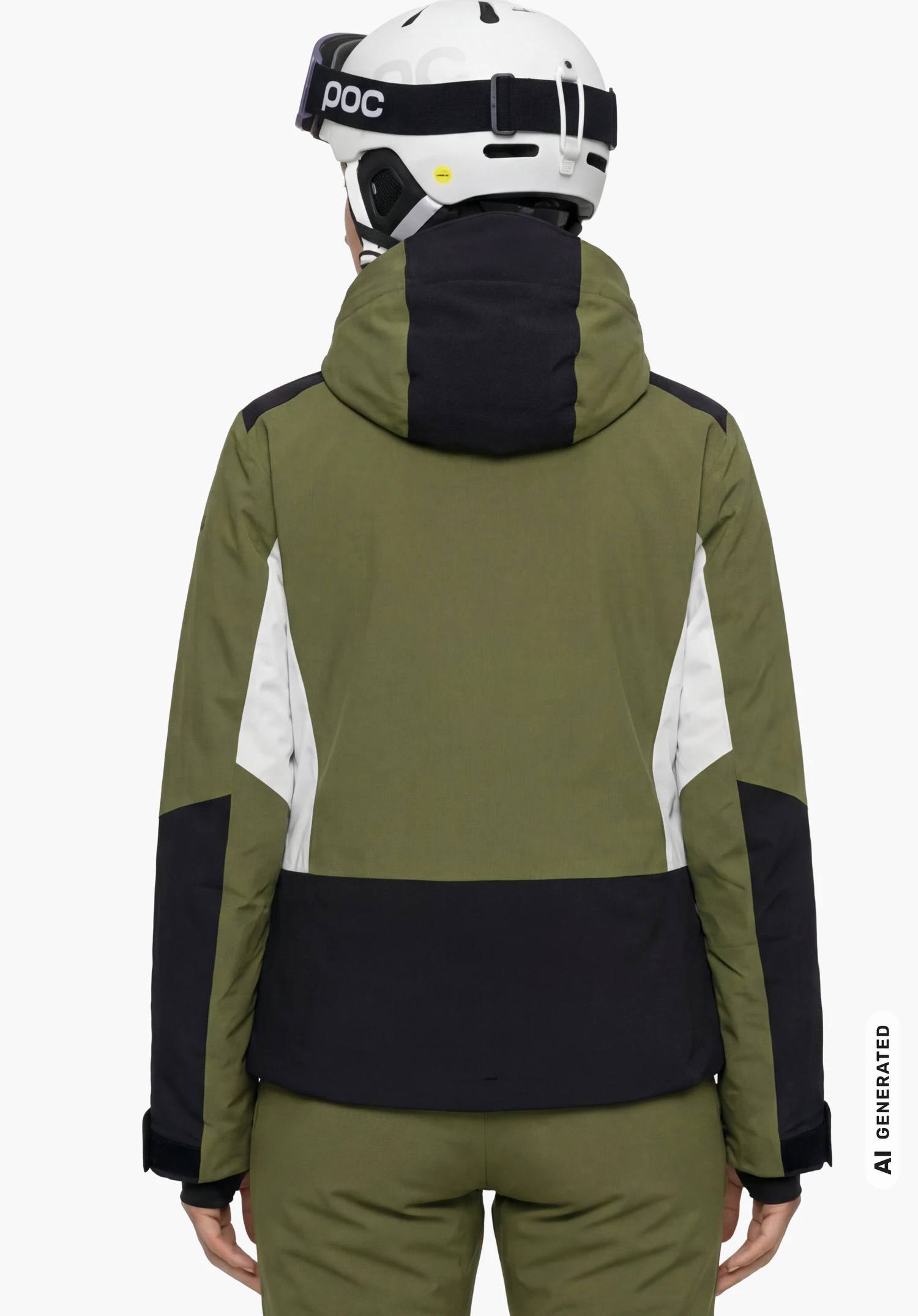 Jacket Style Zandwel WMS en vert, porté par un modèle féminin debout et vu de dos avec un casque de ski sur fond blanc. (Généré par IA)