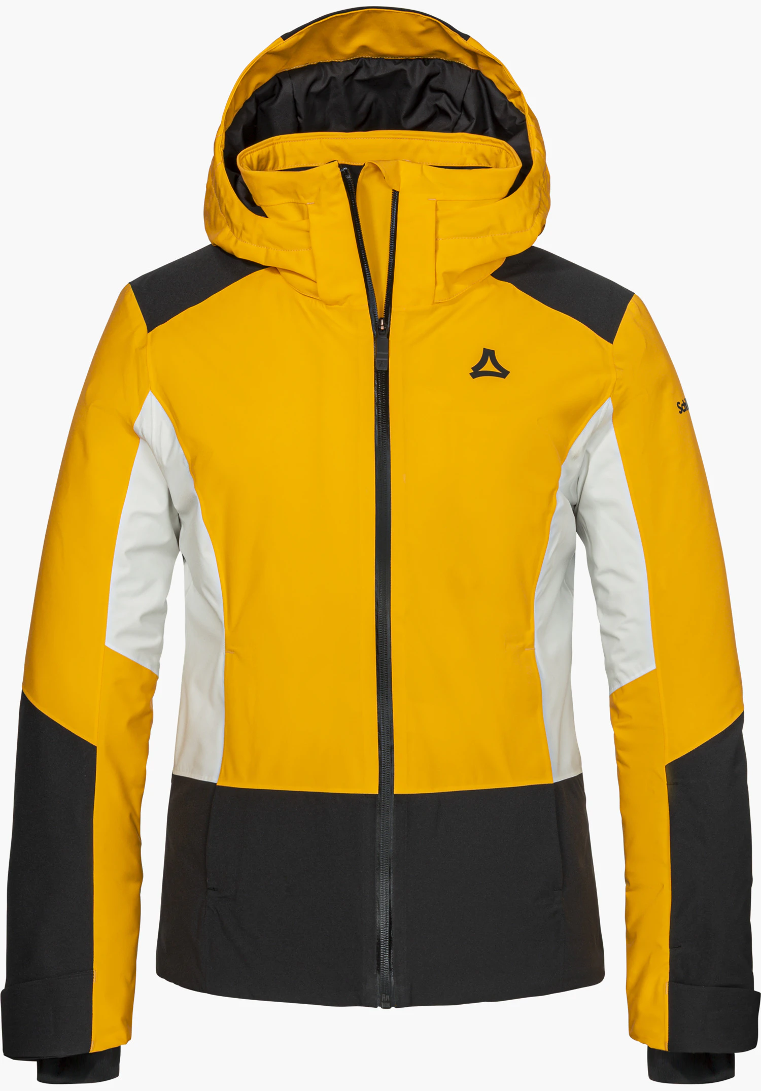 Jacket Style Zandwel WMS ski jacket in yellow with hood and black Schöffel logo, shown from the front and isolated on a white background.