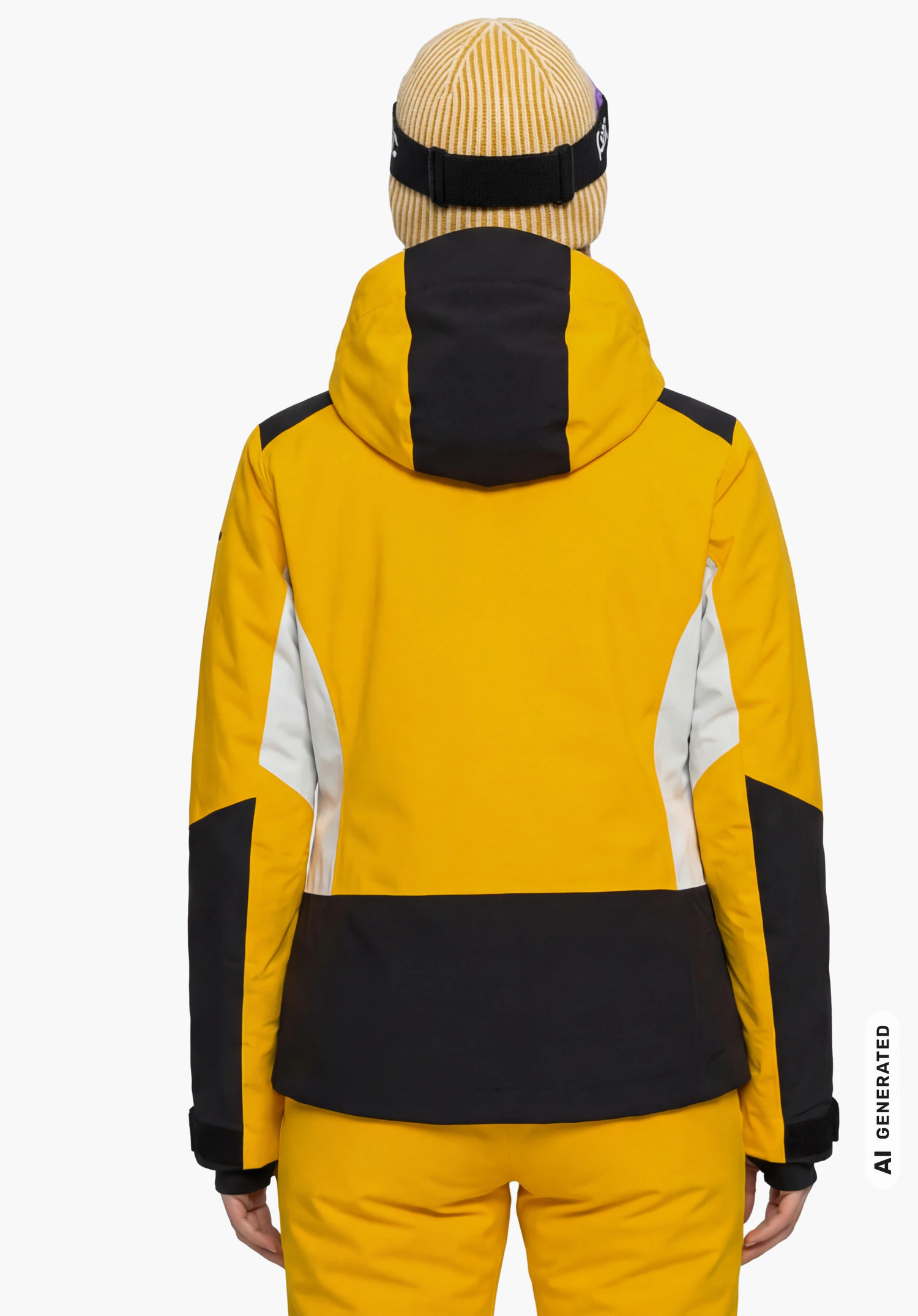 Jacket Style Zandwel WMS en jaune, porté par un modèle féminin debout et vu de dos avec les bras détendus sur fond blanc. (Généré par IA)