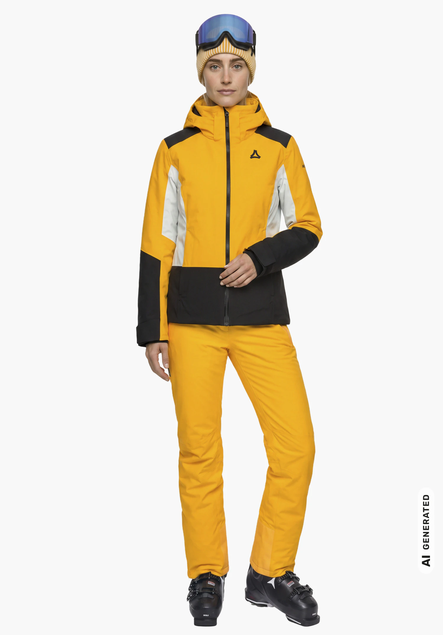Jacket Style Zandwel WMS en jaune avec le logo Schöffel, porté par un mannequin femme en position debout de profil sur fond blanc. (Généré par IA)