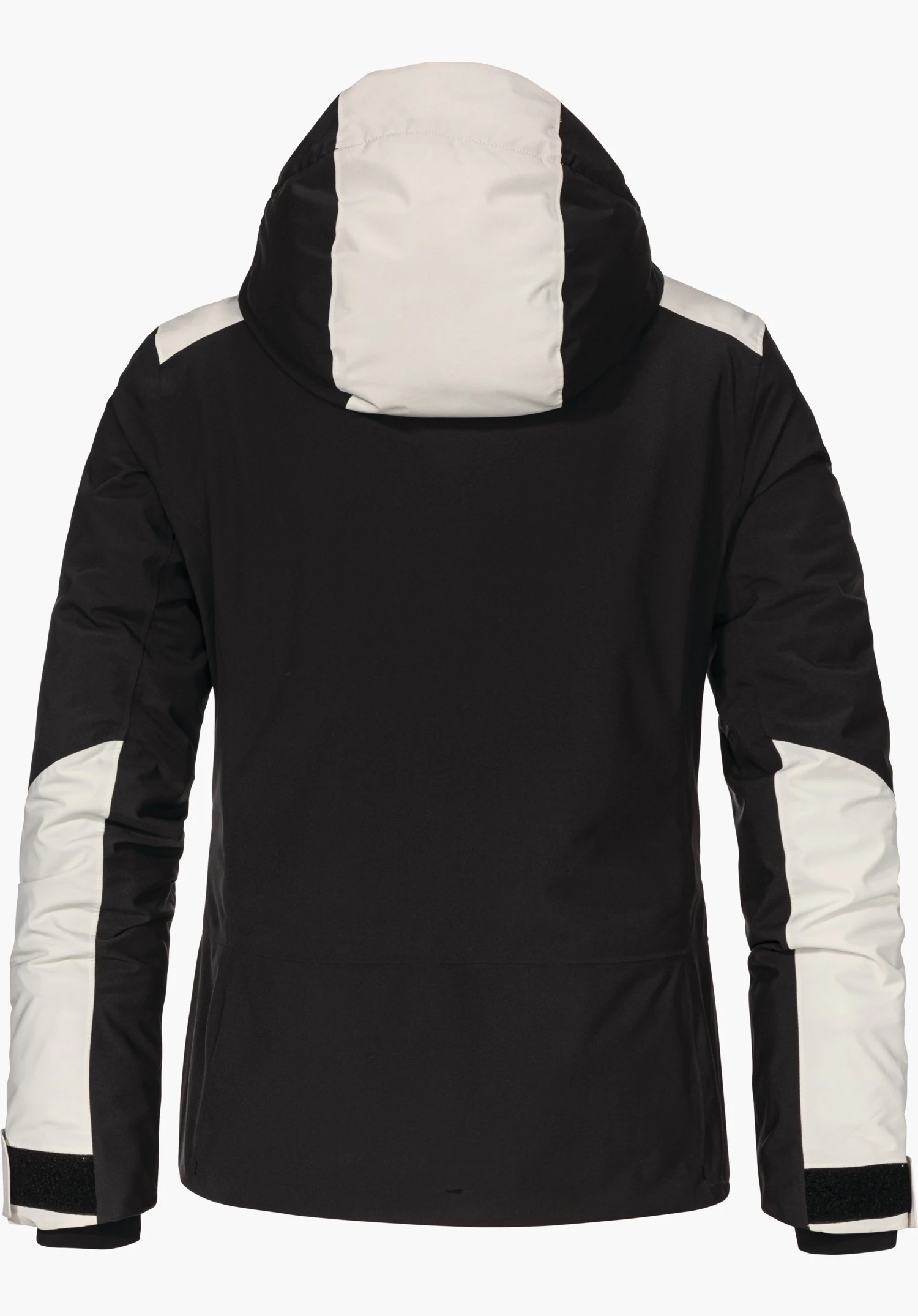 Jacket Style Zandwel WMS veste de ski color block noire avec empiècements blancs sur la capuche et les manches, vue arrière; présentée sur fond clair uni.