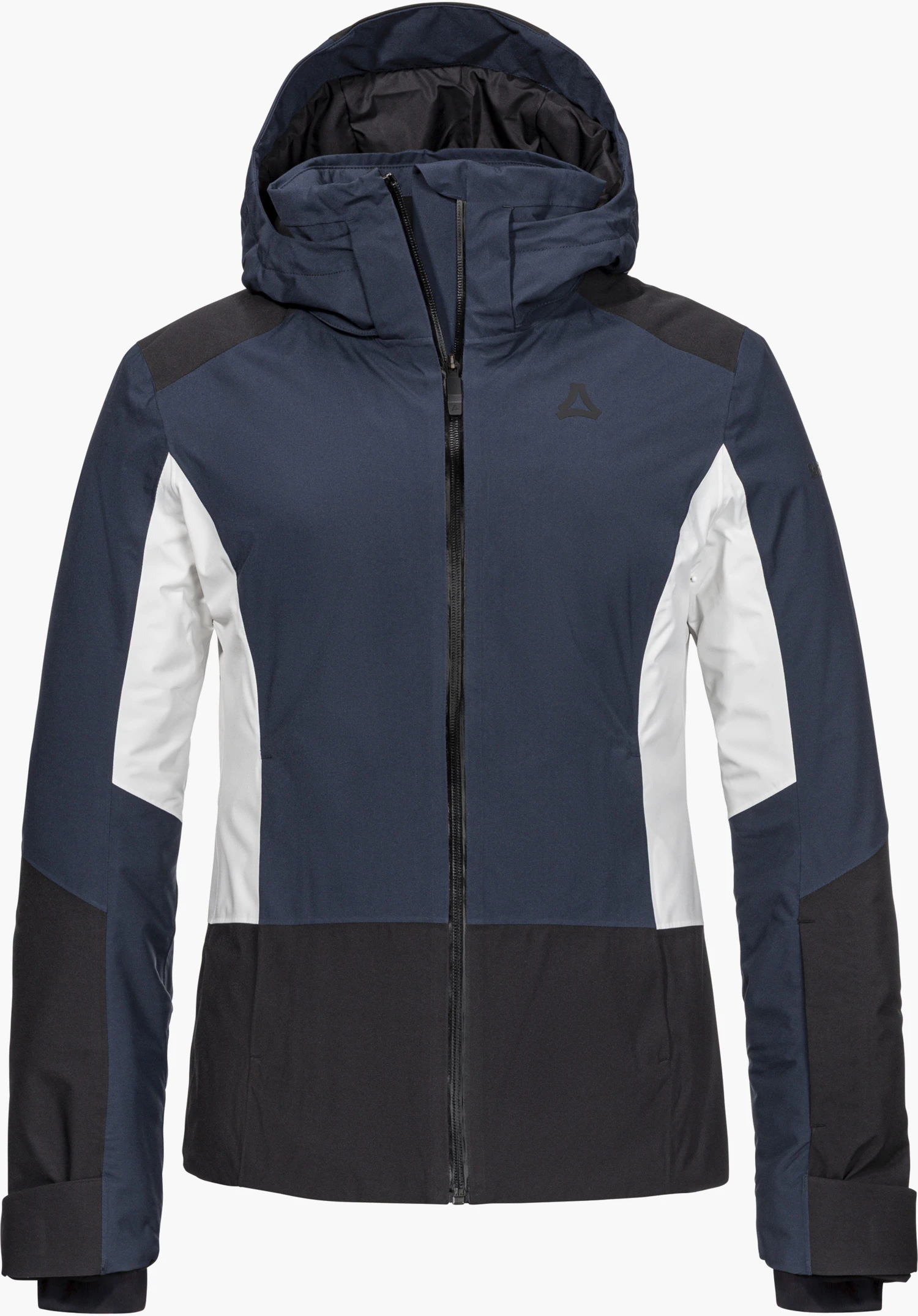 Jacket Style Zandwel WMS ski jacket in blue with hood, black and white accents and Schöffel logo, shown from the front and isolated on a white background.
