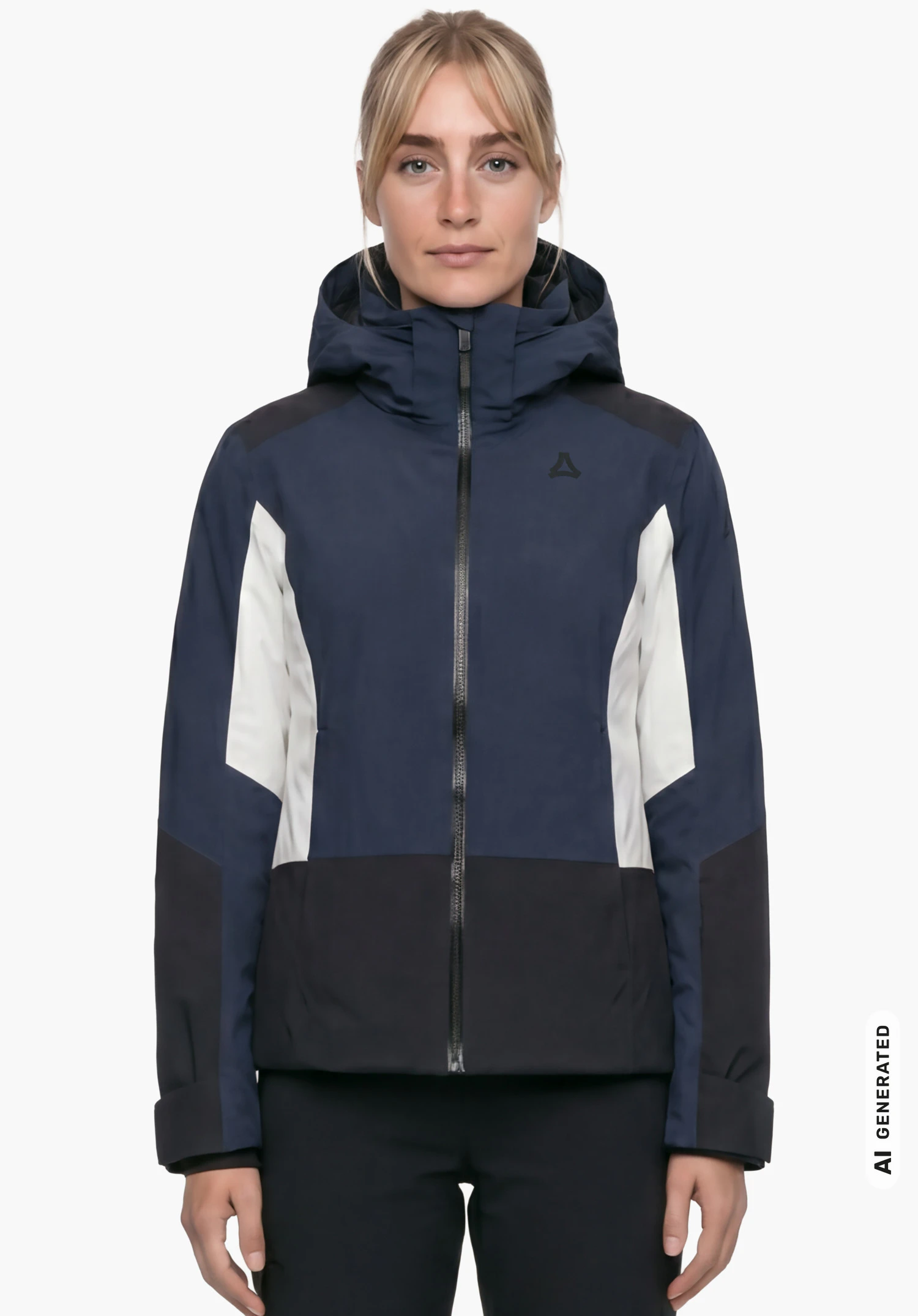 Jacket Style Zandwel WMS in blue with Schöffel logo, worn by a female model standing upright with arms hanging down and shown from the front against a white background. (AI-generated)