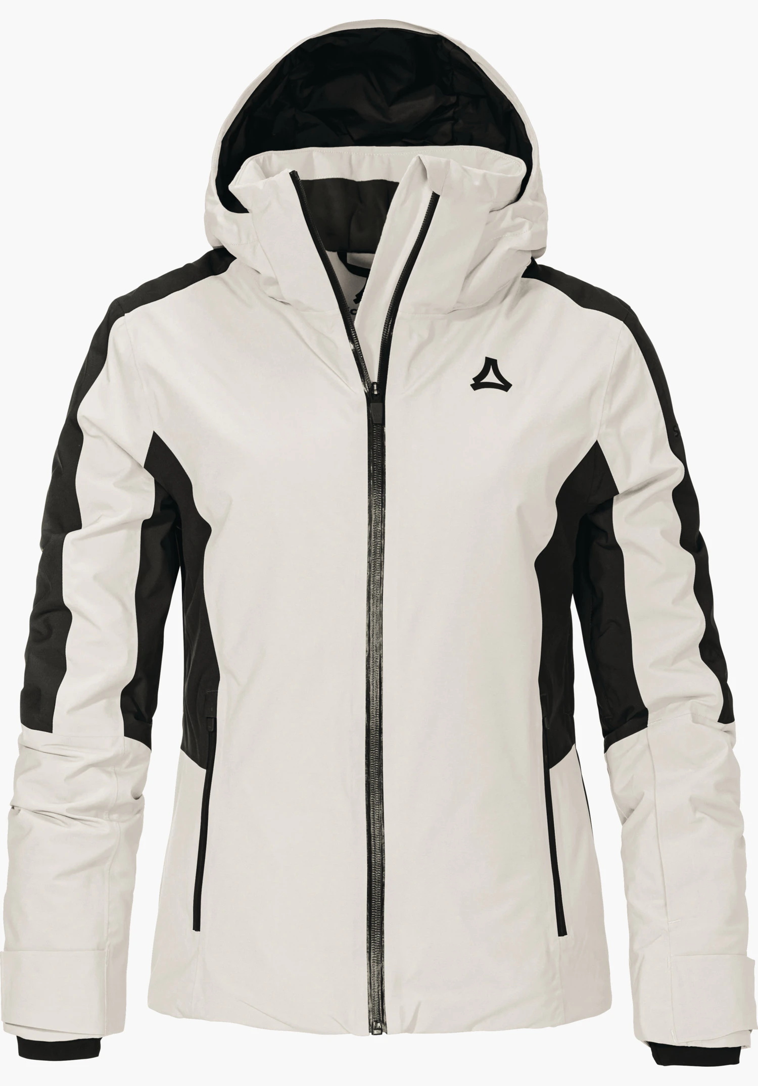 Jacket Style Trifex WMS veste de ski blanche avec logo Schöffel noir; fermeture éclair fermée, capuche relevée, empiècements noirs sur les manches et les côtés; détourée sur fond blanc.