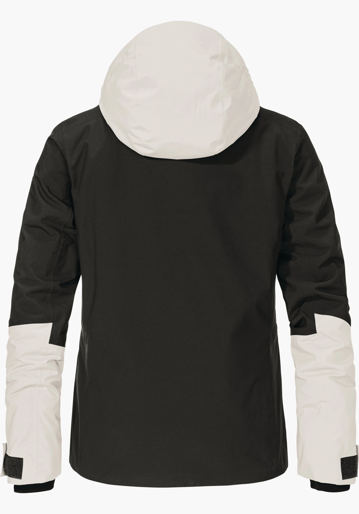 Jacket Style Trifex WMS Jas, donkerzwart, achteraanzicht; capuchon en manchetten lichtwit; rechte outdoorvorm op lichte, neutrale achtergrond.