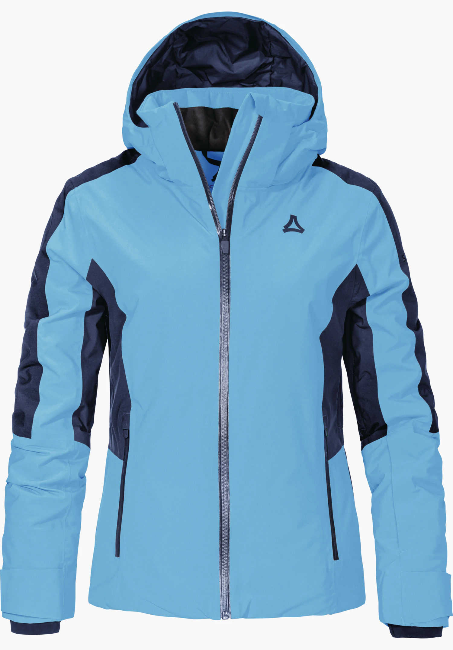 Jacket Style Trifex WMS veste de ski bleu clair avec capuche, fermeture éclair frontale fermée; empiècements bleu foncé sur les manches et doublure intérieure; logo Schöffel sur la poitrine gauche; détourée sur fond blanc.