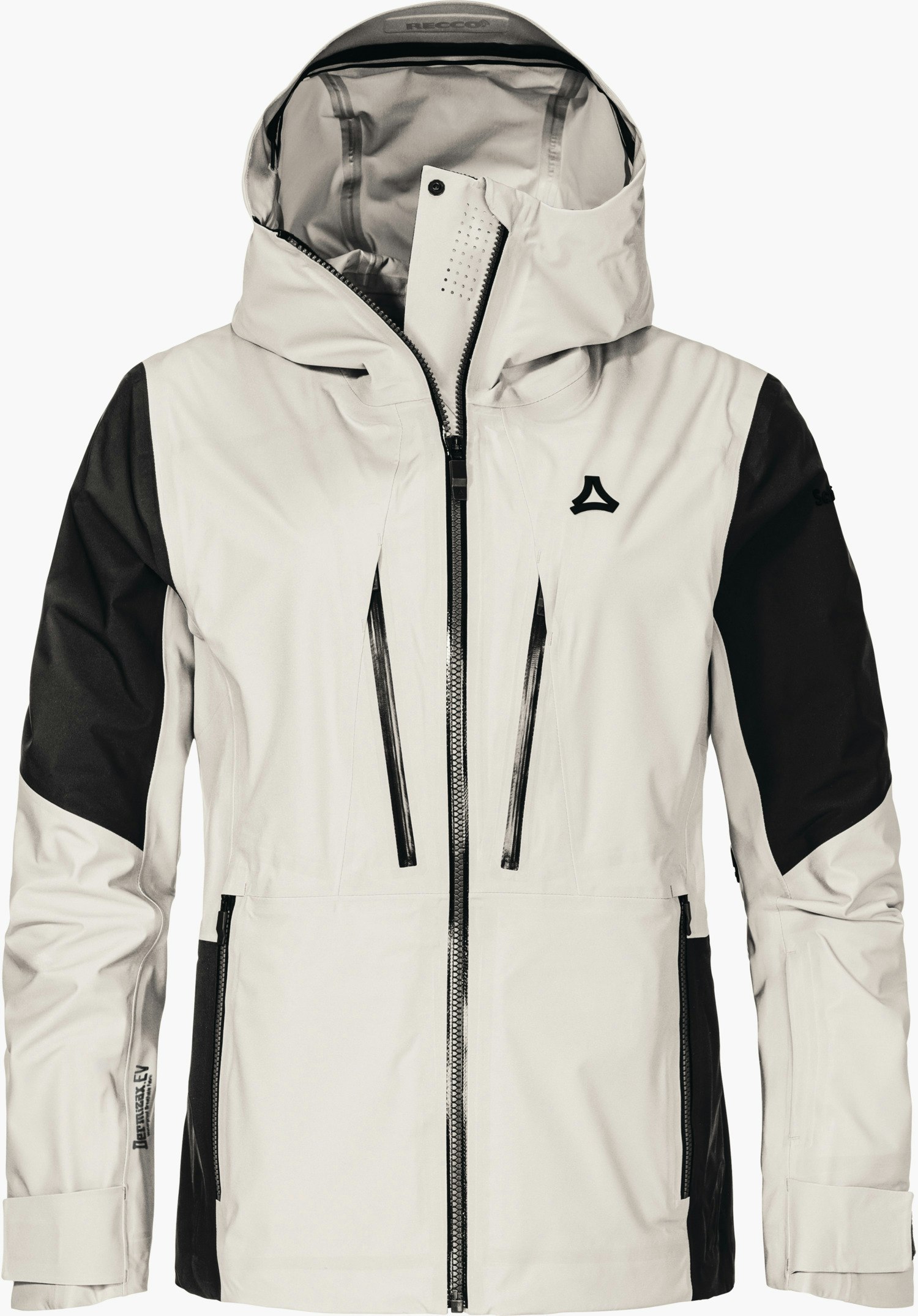 Shell Jk Style Lufeld WMS veste hardshell blanche et noire, présentée de face, fermeture éclair fermée, capuche relevée; logo Schöffel sur la poitrine. Fond blanc. Inscription: « RECCO ».