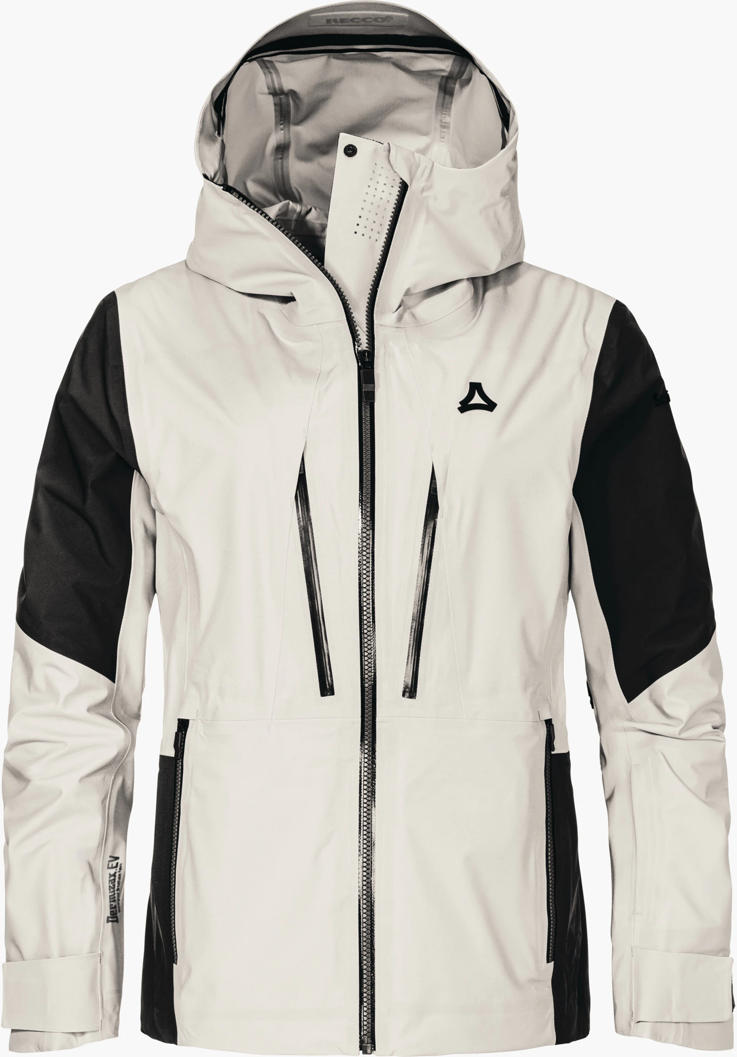 Shell Jk Style Lufeld WMS white and black hardshell jacket, front view, zip closed, hood raised; Schöffel logo on chest. White background. Text: “RECCO”.