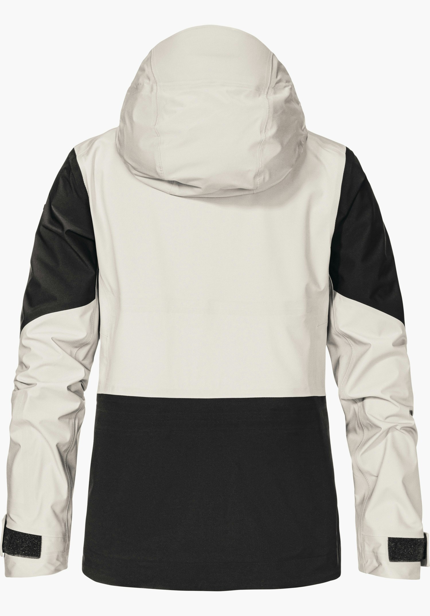Shell Jk Style Lufeld WMS veste, vue arrière avec capuche; haut et manches gris clair, empiècements noirs aux manches et au bas du dos, fond blanc.