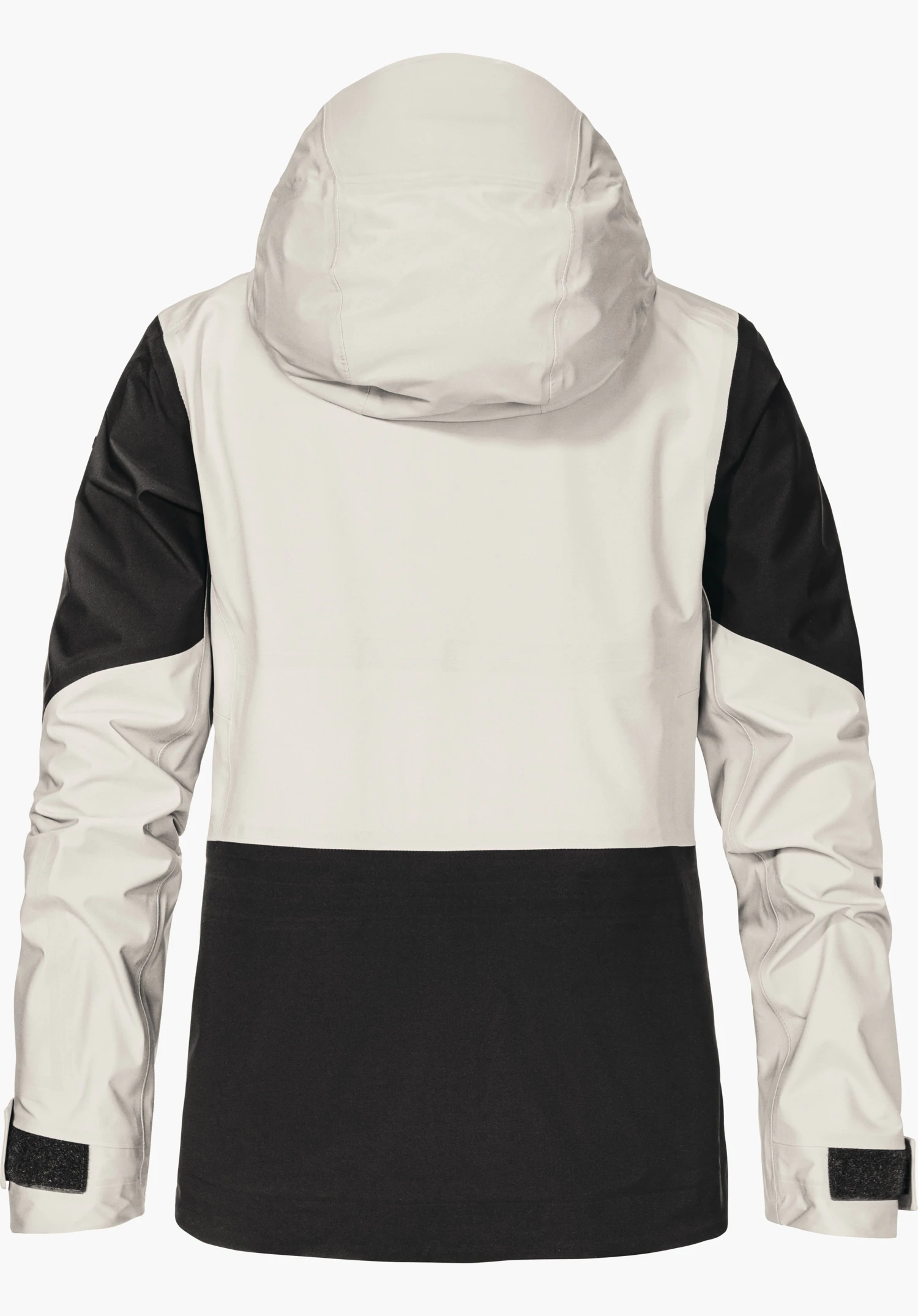 Shell Jk Style Lufeld WMS veste, vue arrière avec capuche; haut et manches gris clair, empiècements noirs aux manches et au bas du dos, fond blanc.