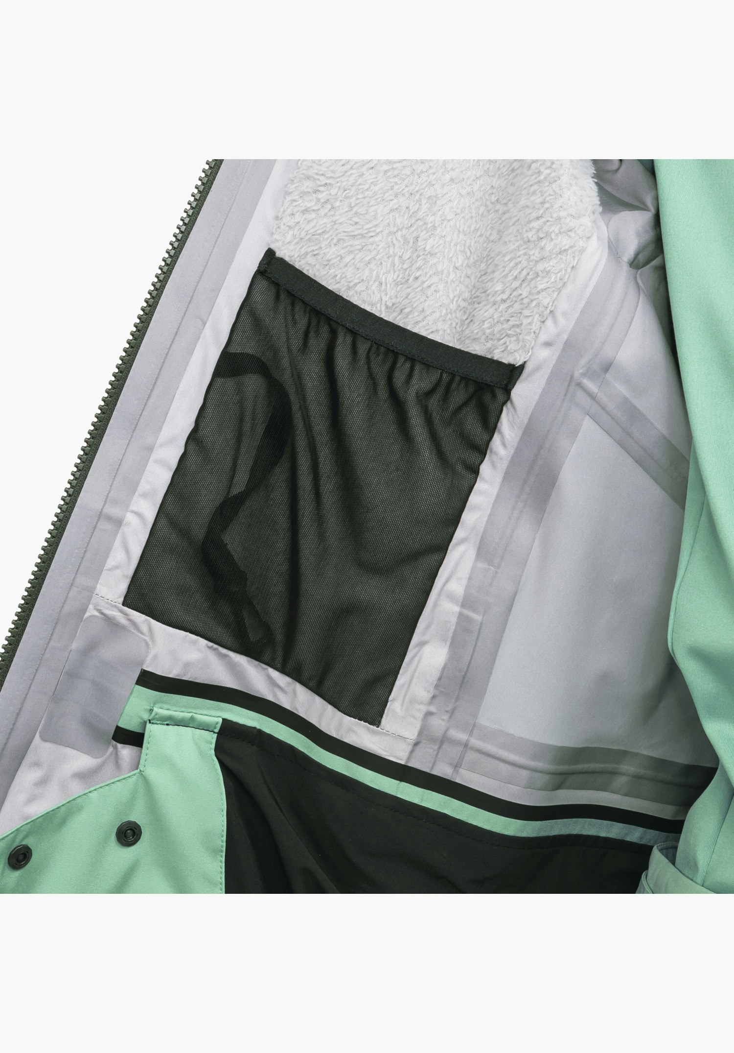 Shell Jk Style Lufeld WMS, Innenansicht mit praktischer Netztasche, weichem Teddyfutter-Einsatz und technisch getapten Nähten, Nahaufnahme vor weißem/neutralem Hintergrund.