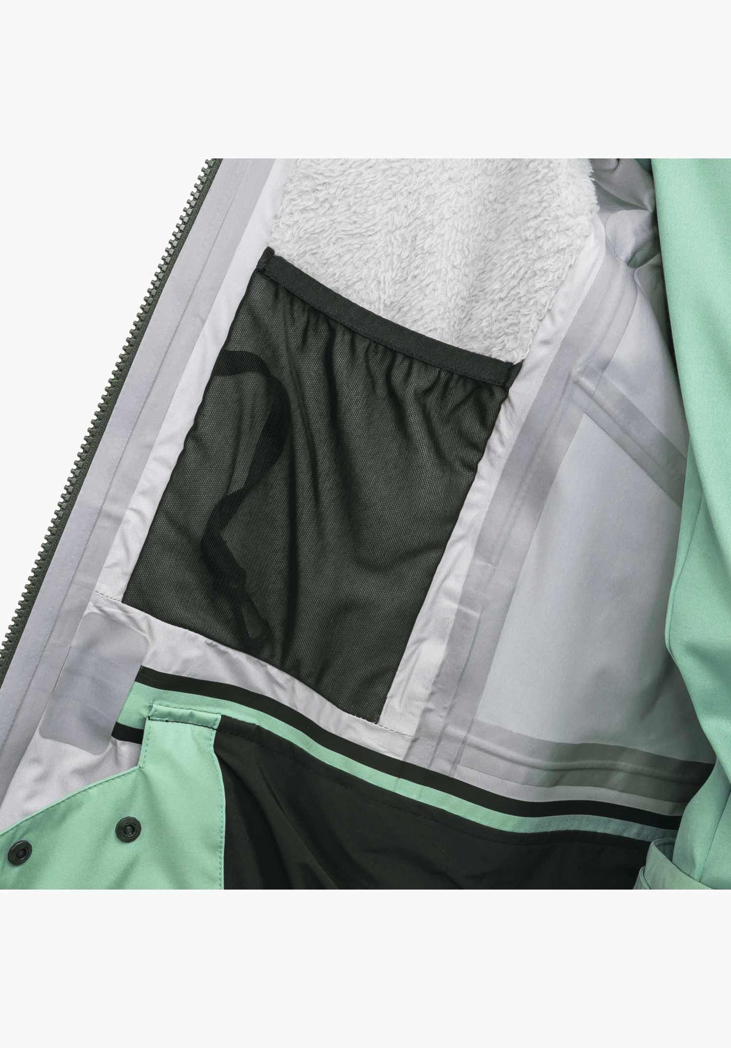 Shell Jk Style Lufeld WMS, Innenansicht mit praktischer Netztasche, weichem Teddyfutter-Einsatz und technisch getapten Nähten, Nahaufnahme vor weißem/neutralem Hintergrund.