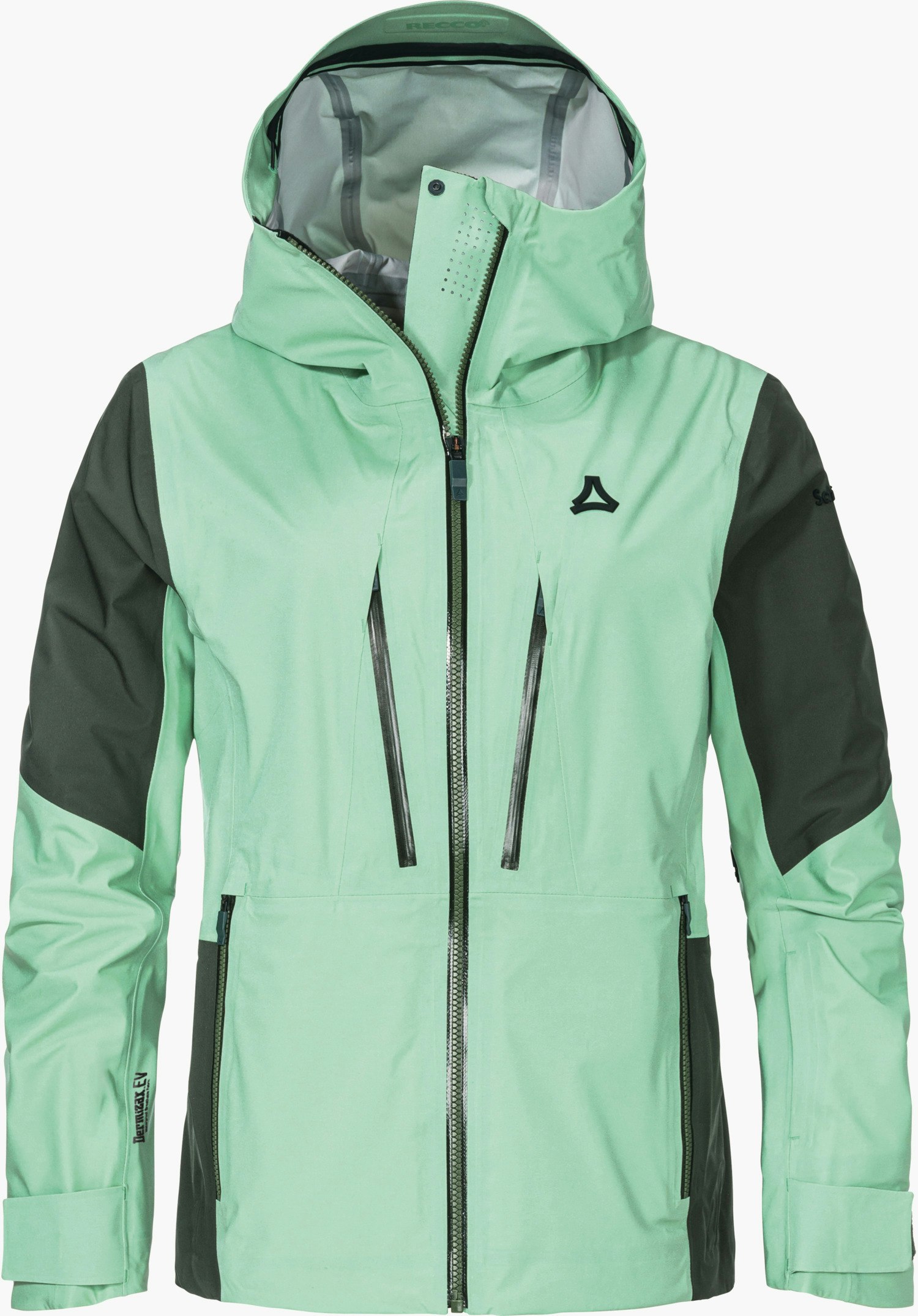 Shell Jk Style Lufeld WMS Mintgrüne Hardshell Jacke mit dunkelgrünen Einsätzen, Schöffel-Logo auf der Brust; frontaler Reißverschluss, Kapuze und zwei schräge Brusttaschen; freigestellt vor weißem Hintergrund. Schriftzug: RECCO; Schöffel.