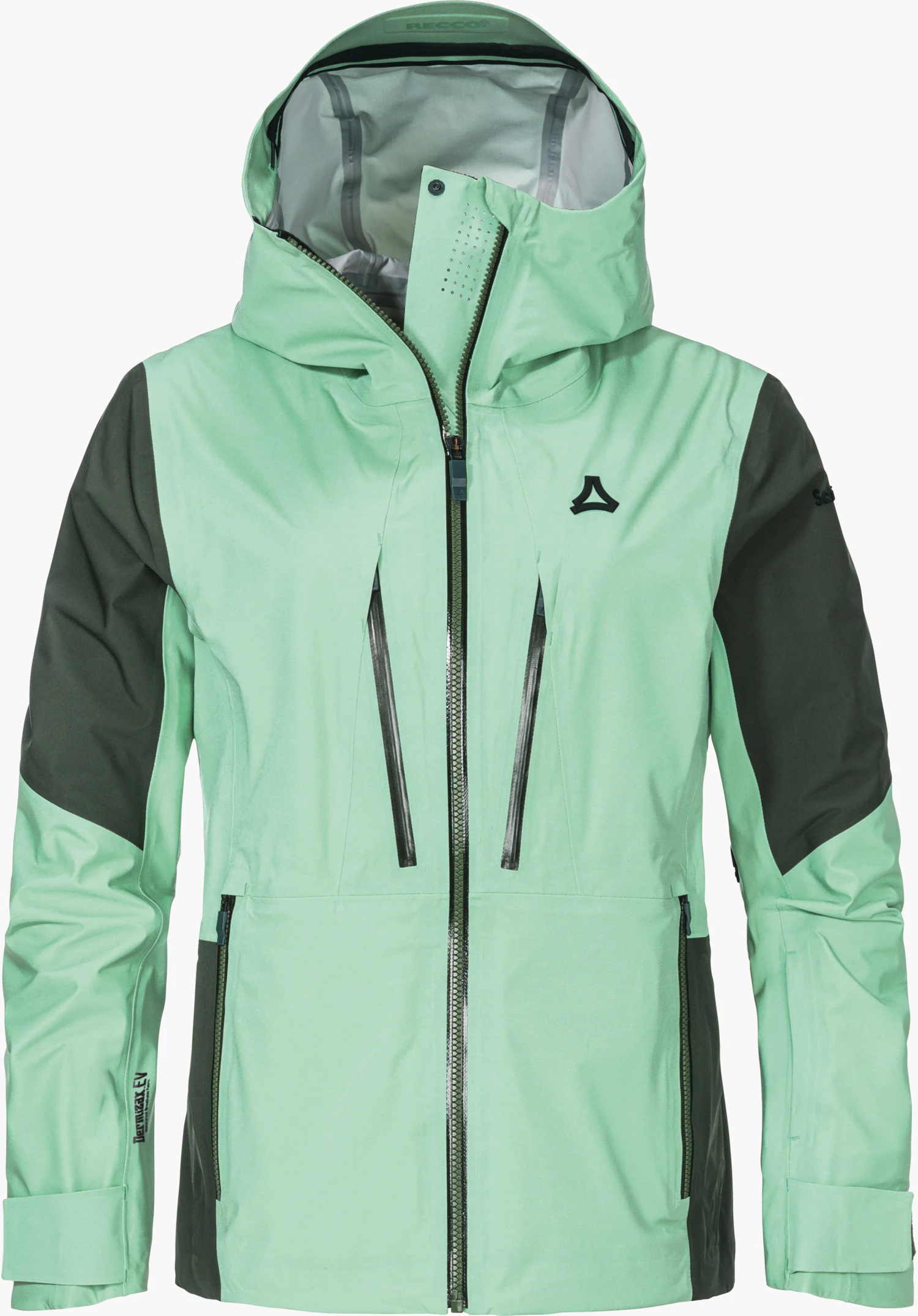 Shell Jk Style Lufeld WMS Mintgrüne Hardshell Jacke mit dunkelgrünen Einsätzen, Schöffel-Logo auf der Brust; frontaler Reißverschluss, Kapuze und zwei schräge Brusttaschen; freigestellt vor weißem Hintergrund. Schriftzug: RECCO; Schöffel.