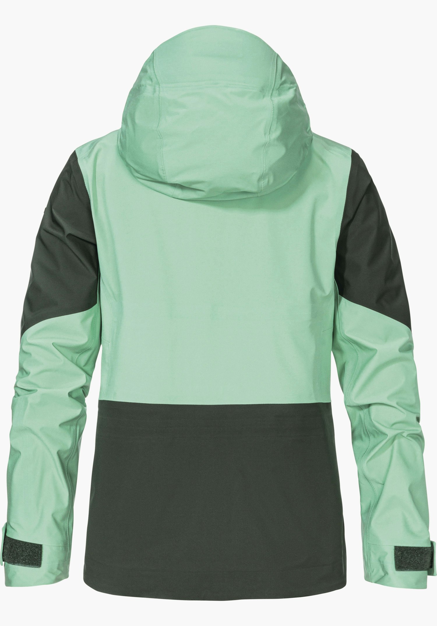 Shell Jk Style Lufeld WMS Hardshell Skijacke, von hinten abgebildet, Hauptfläche grün hell, unterer Bereich und Ärmelaufsätze grün dunkel, Kapuze, lange Ärmel mit Klettverschlüssen, auf neutralem Hintergrund.
