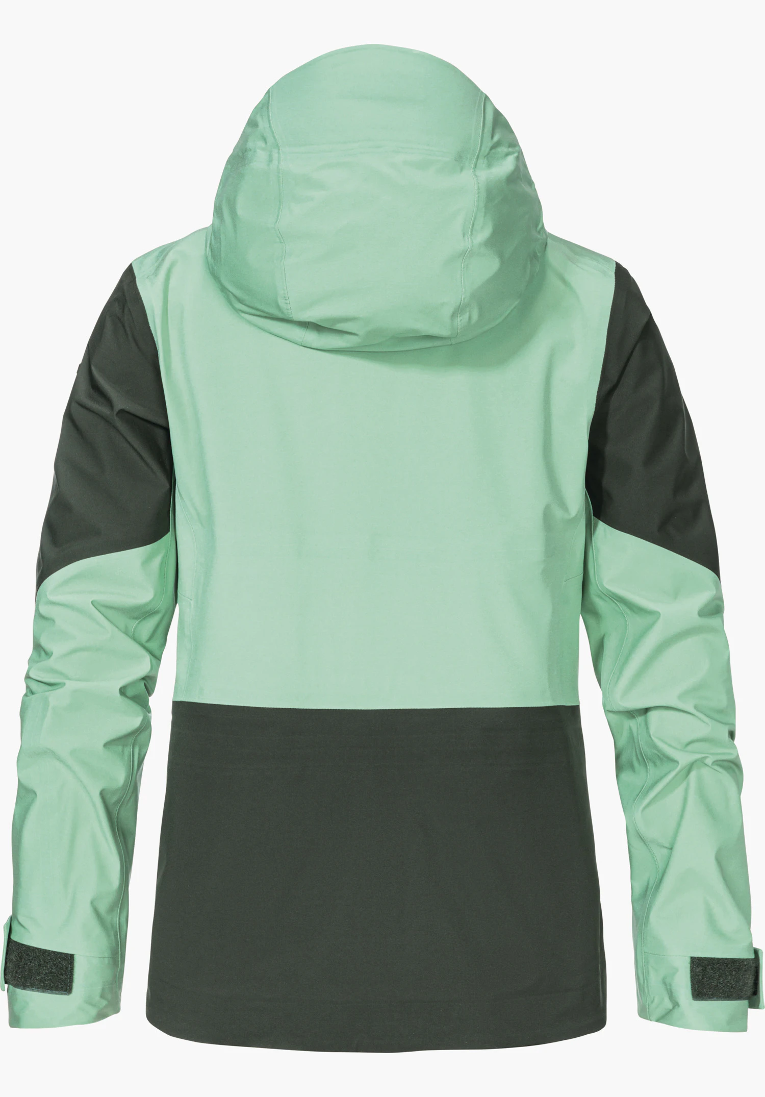 Shell Jk Style Lufeld WMS Hardshell Skijacke, von hinten abgebildet, Hauptfläche grün hell, unterer Bereich und Ärmelaufsätze grün dunkel, Kapuze, lange Ärmel mit Klettverschlüssen, auf neutralem Hintergrund.
